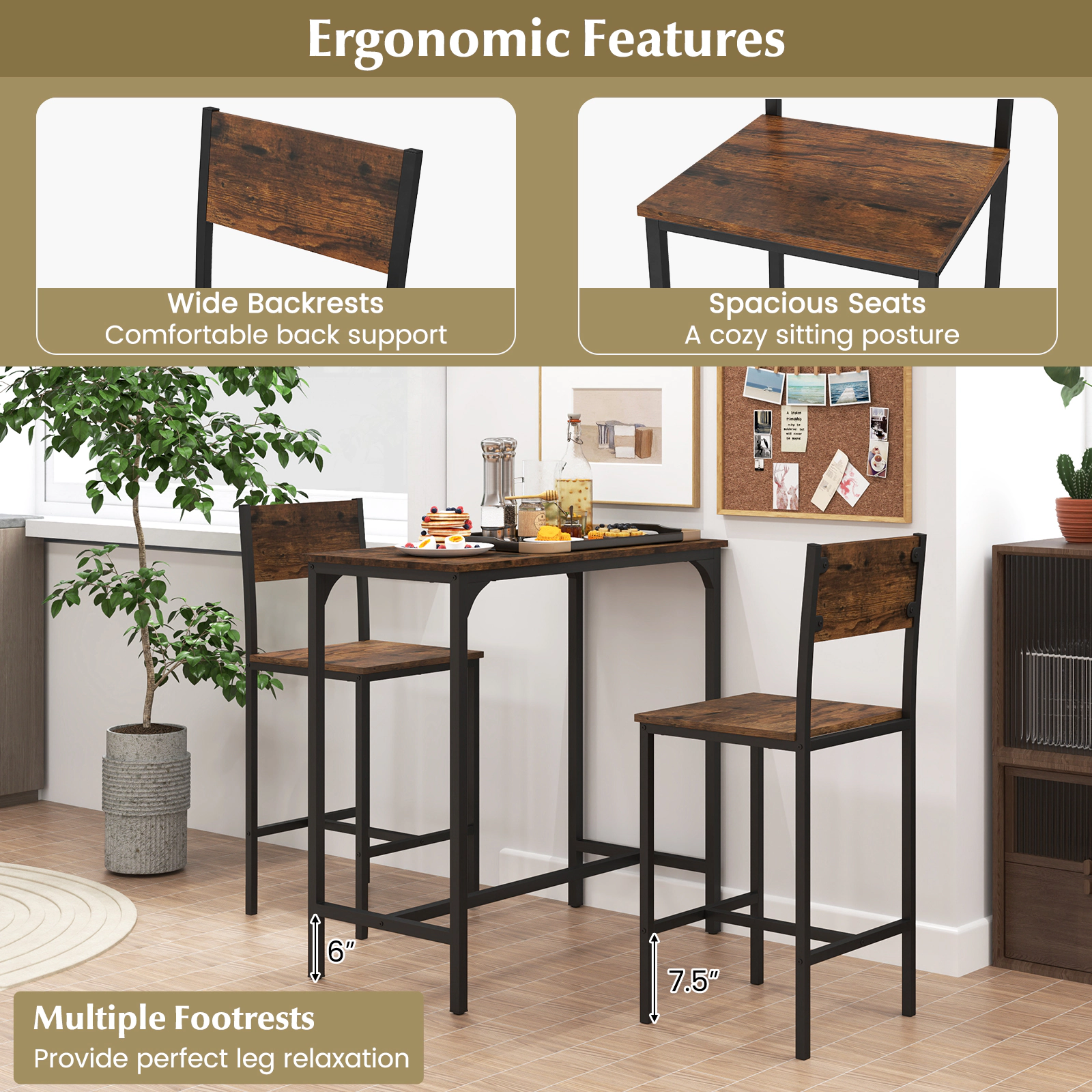 SUGIFT 3-Piece Rustic Brown Bar Table Set, 35.5-in Table with 2 Backrest Chairs