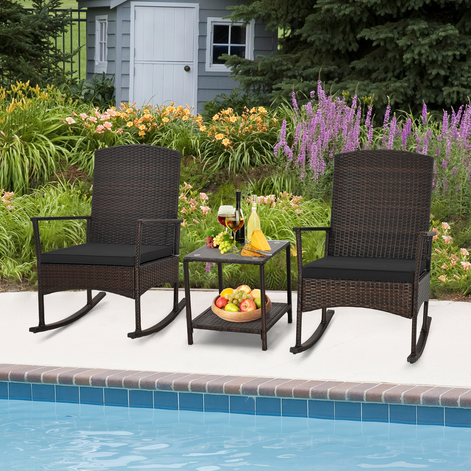 SUGIFT Black 2-Tier Side Table and Cushions 3-Piece Patio Rocking Bistro Set