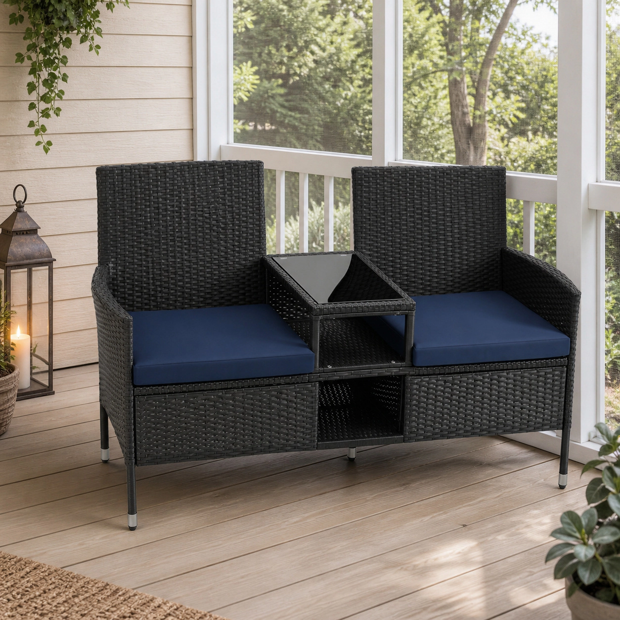 SUGIFT Navy Outdoor Wicker Loveseat with Built-In Glass Table and 2 Shelves