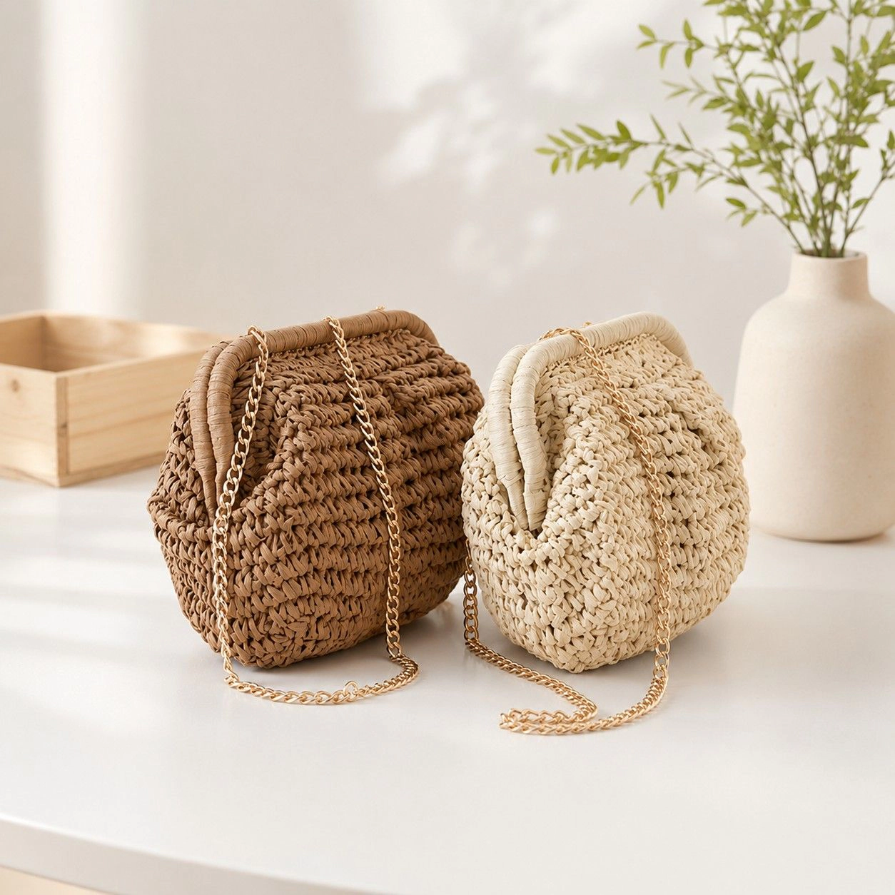 Alilang Women's Woven Straw Crossbody Bag Small Chain Shoulder Handbag with Flap Closure, Khaki