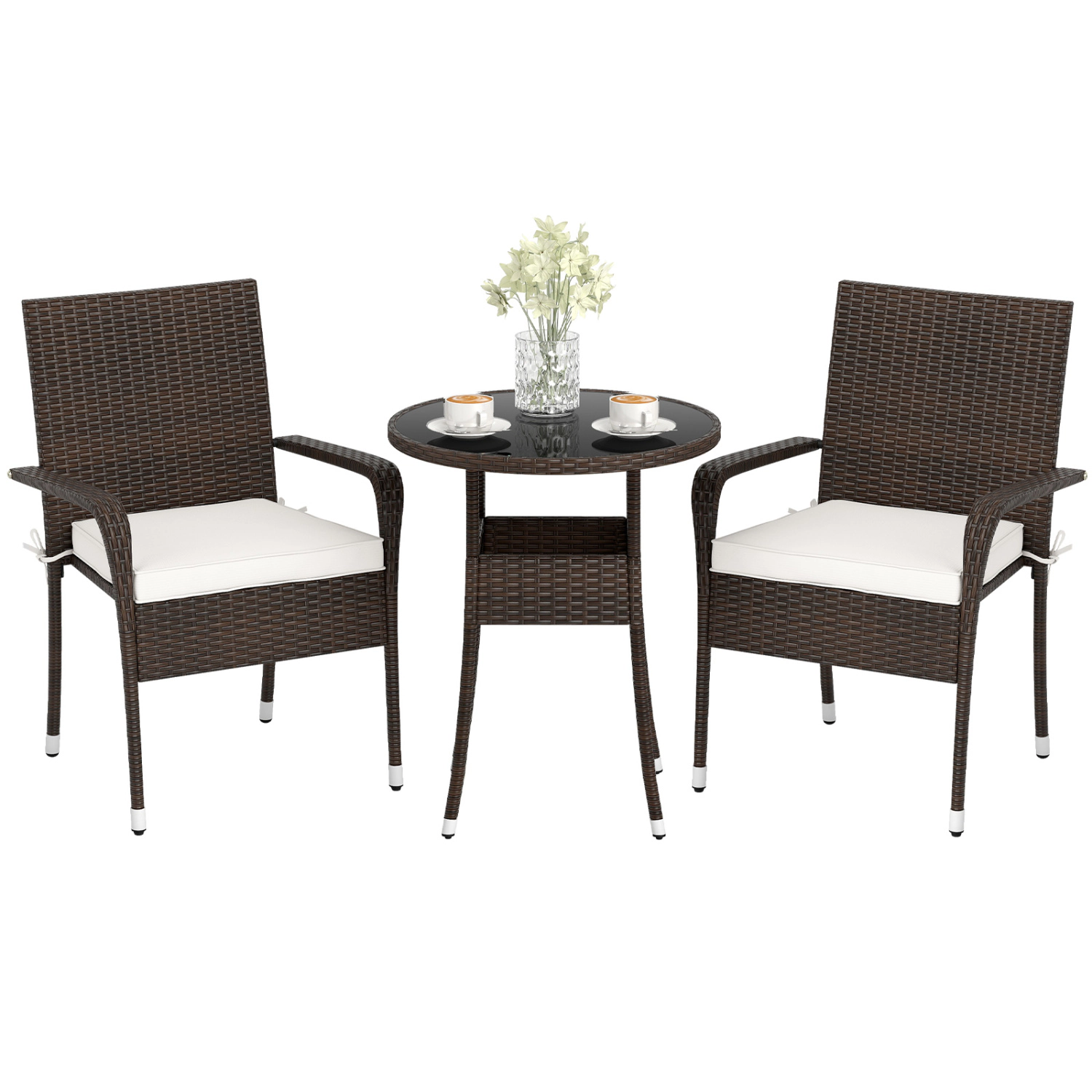 LJG 3-Piece Patio Furniture Set PE Rattan Wicker Chairs with Tempered Glass Top Table