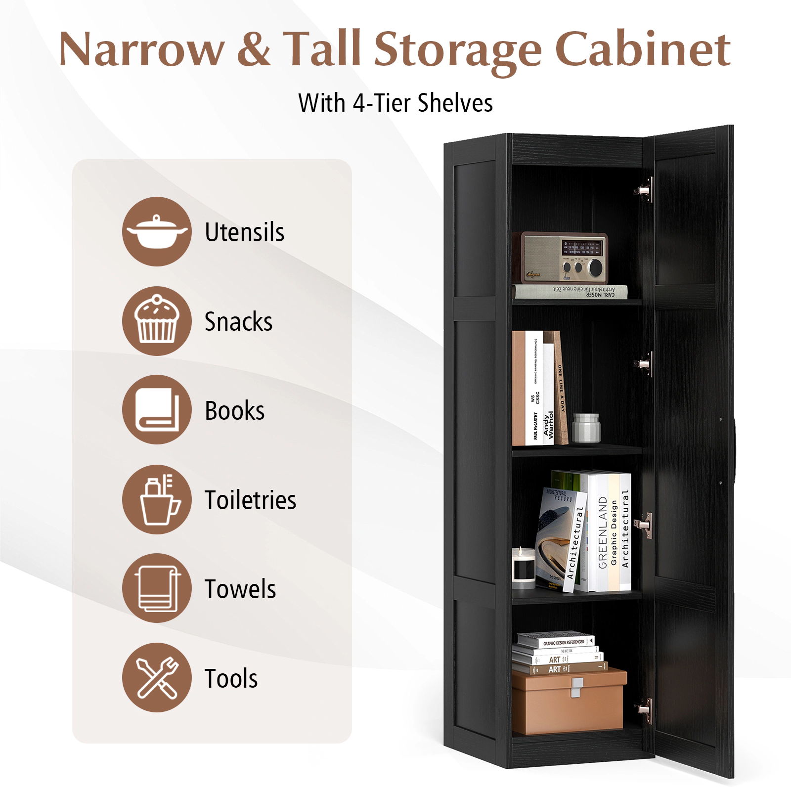 Slickblue Tall Storage Cabinet Black Wood Grain Bathroom Kitchen Organizer Cabinet