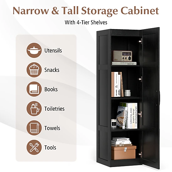 SUGIFT Black 110-lb Capacity 59-in Tall 4-Shelf Narrow Bathroom Storage Cabinet with Soft-Close Hinges