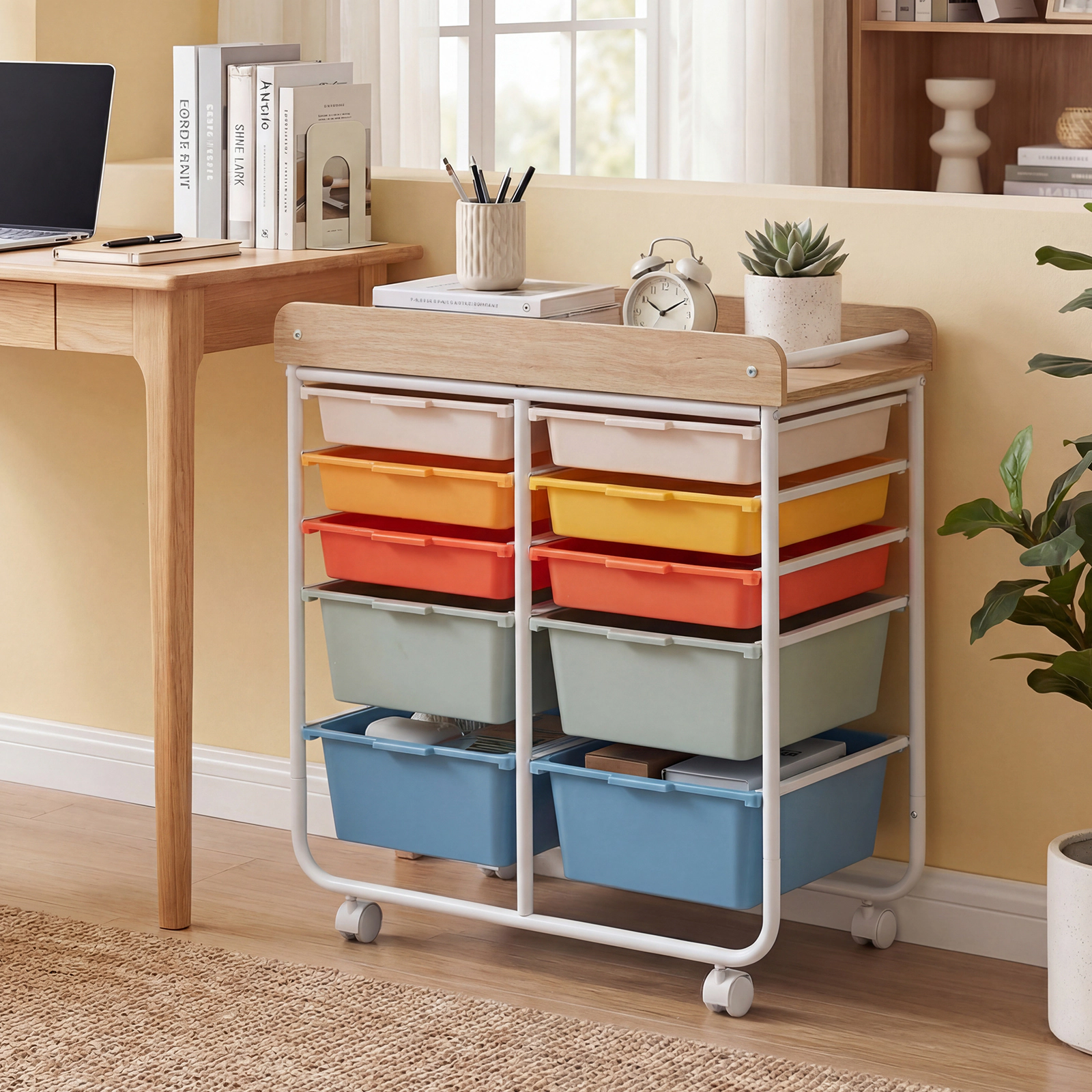 SUGIFT 10-Drawer Rolling Cart Macaron with Wooden Tabletop and Lockable Wheels for Office