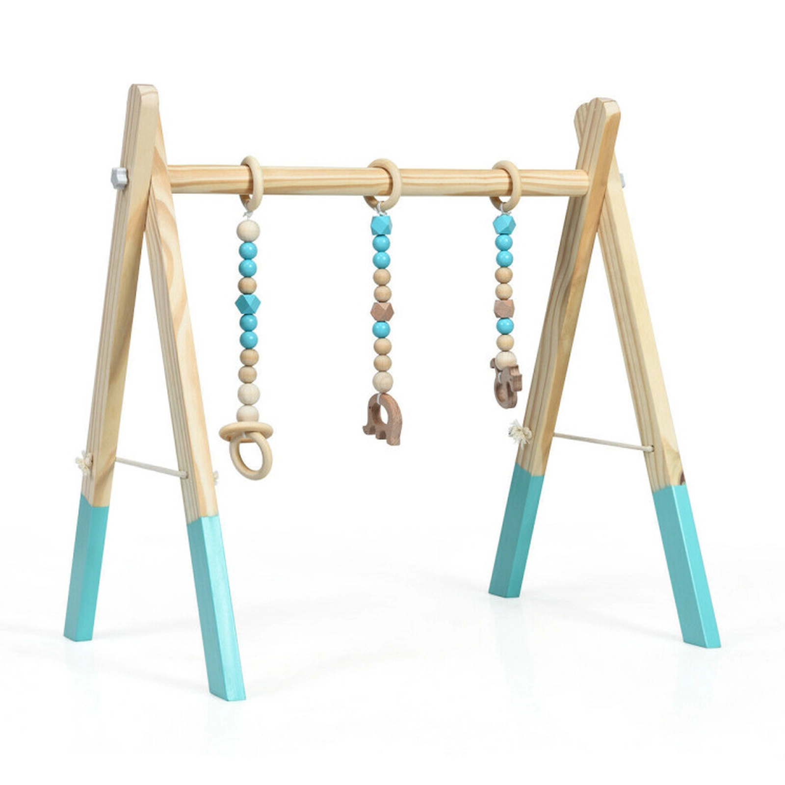 SUGIFT Baby Blue Wooden Play Gym with 3 Hanging Teething Toys and Folding Frame 23.5-in W 17.5-in D 23.5-in H