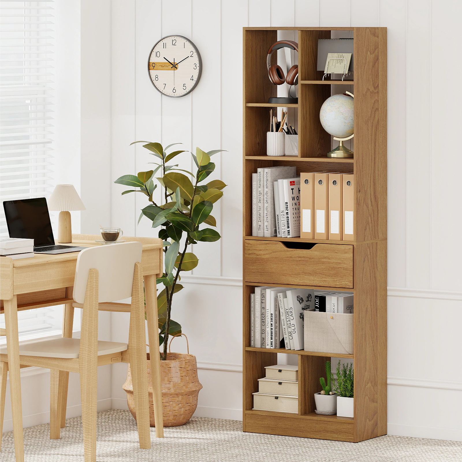SUGIFT 61-in Tall Freestanding Bookcase with Drawer 8-Cube Storage Organizer 187-lb Total Capacity Natural/White