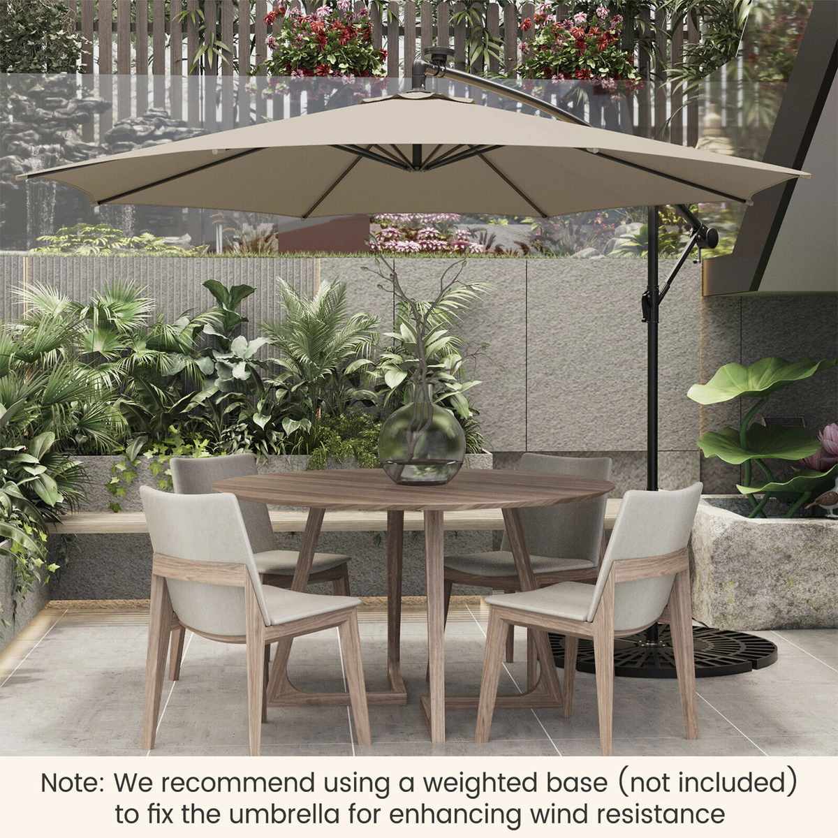 SUGIFT 10-ft Solar-Powered LED Offset Patio Umbrella with 112 Lights 10 x 8-ft Canopy and Crank Tilt Beige