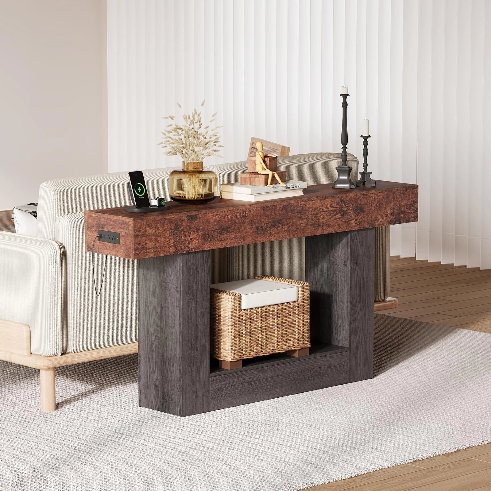 BebreezChic 63" Farmhouse Console Table with Charging Station, 2-Tier Narrow Entryway Sofa Table with Shelf