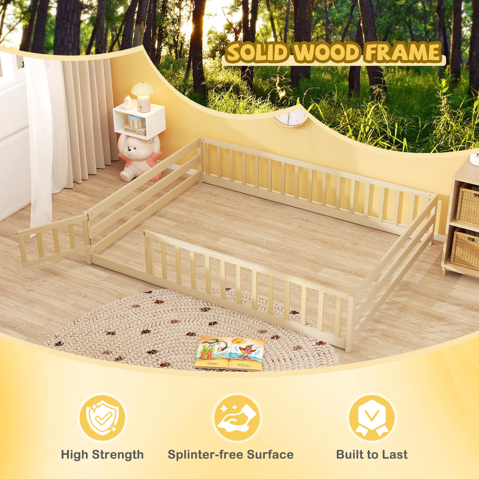 SUGIFT Full Size Floor Montessori Toddler Bed with Full Length Safety Guardrails and Lockable Door 77-in Frame Natural