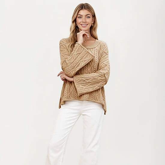 Anna-Kaci Women's Cable Knit Pullover Sweater with Relaxed Fit and Wide Cuff Sleeves
