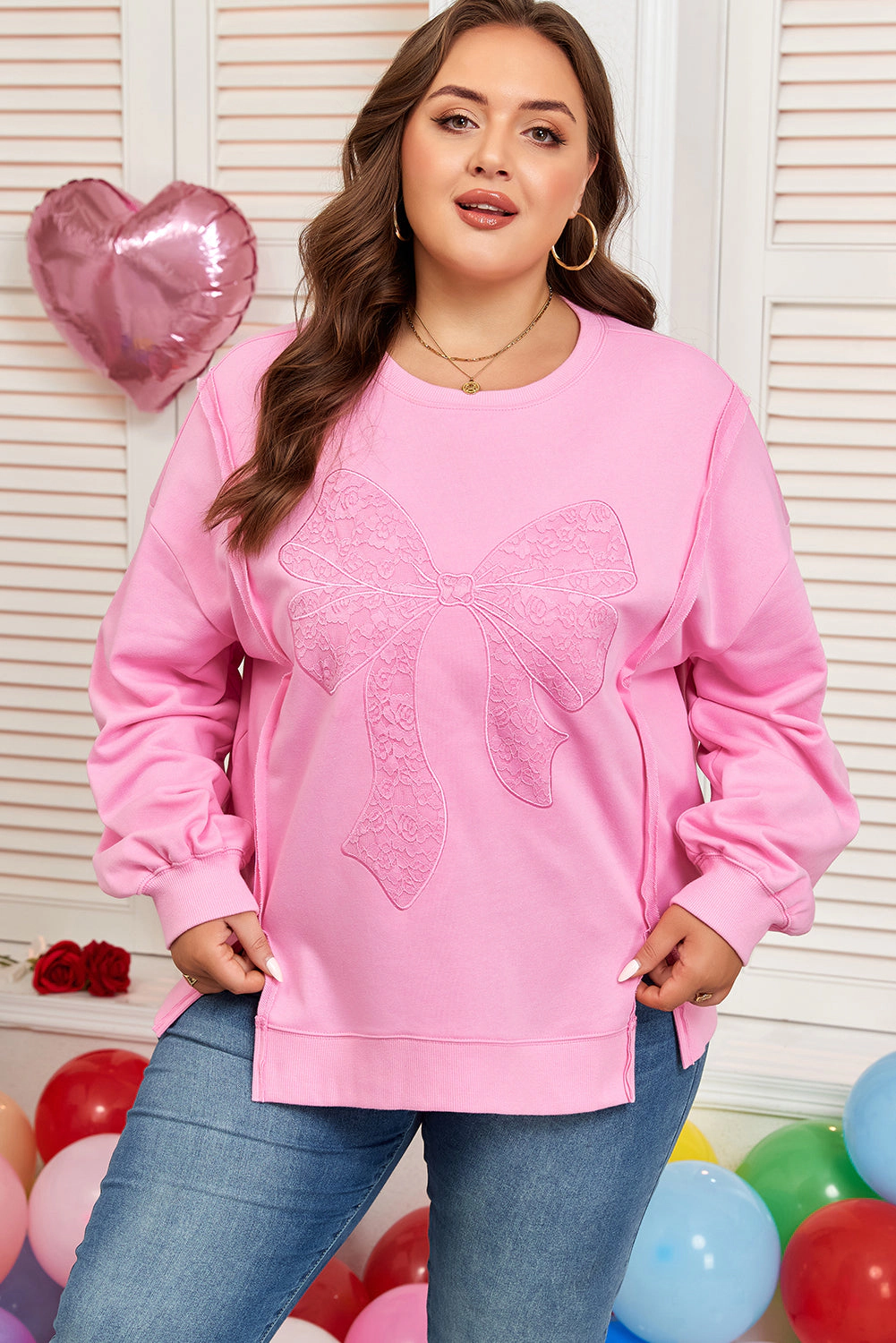 Threaded Pear Women's Pink Big Bow Lace Embroidered Dolman Sleeve Slit Plus Sweatshirt