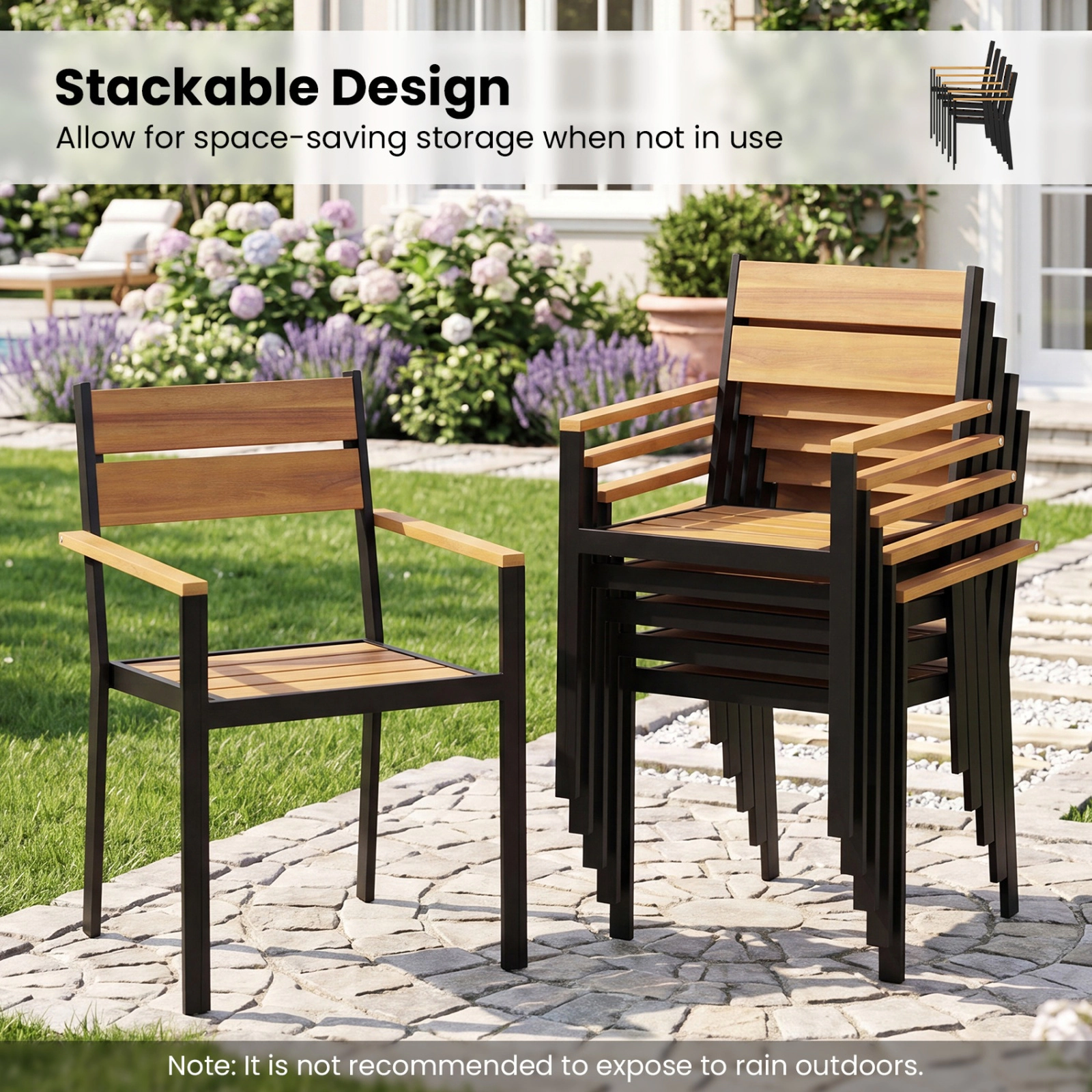 SUGIFT 2-Piece Stackable Outdoor Patio Dining Chair Set with Acacia Wood Armrests 400-Lb Capacity Brown Black