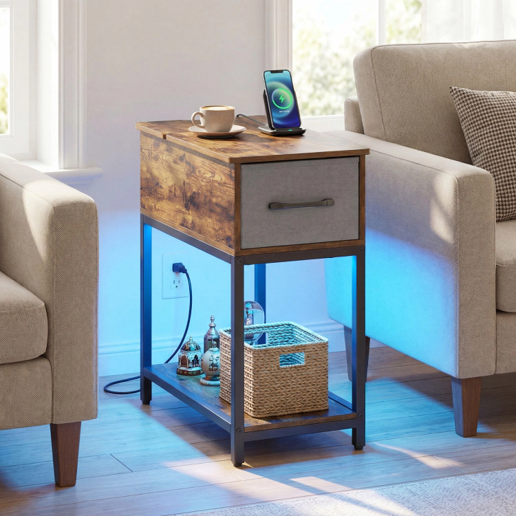 Hivvago Narrow Side Table With Charging Station And Led Lights Industrial End Table