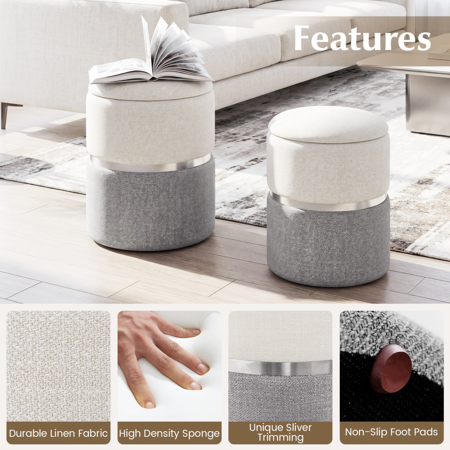 LJG Velvet/Linen Fabric Storage Ottoman Set of 2