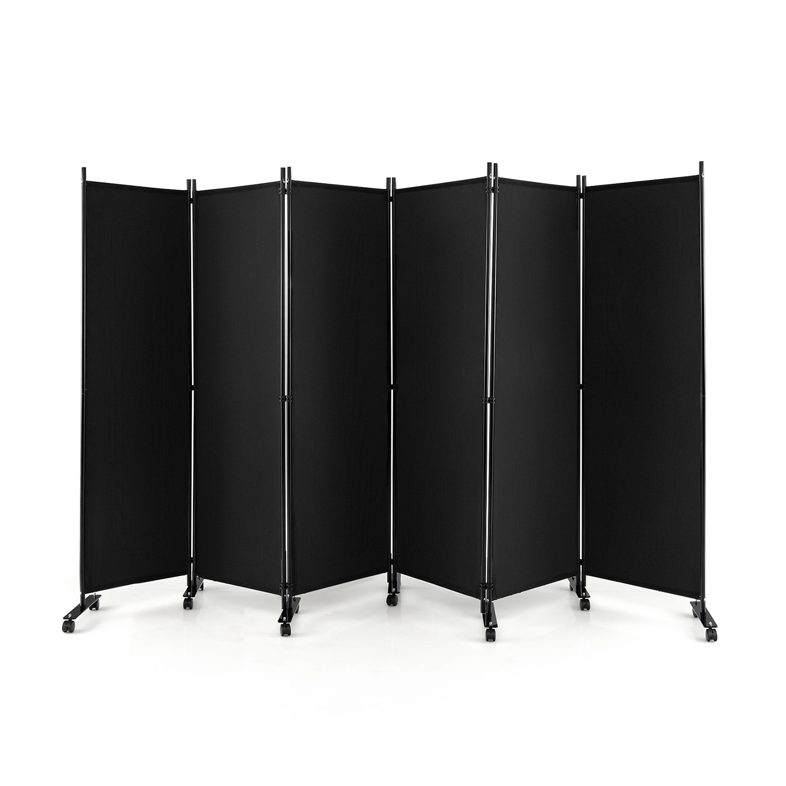SUGIFT 6-Panel Metal Frame Polyester Panels Rolling Room Divider 132-in x 68-in 1.5-in Wheels 28-lb Black