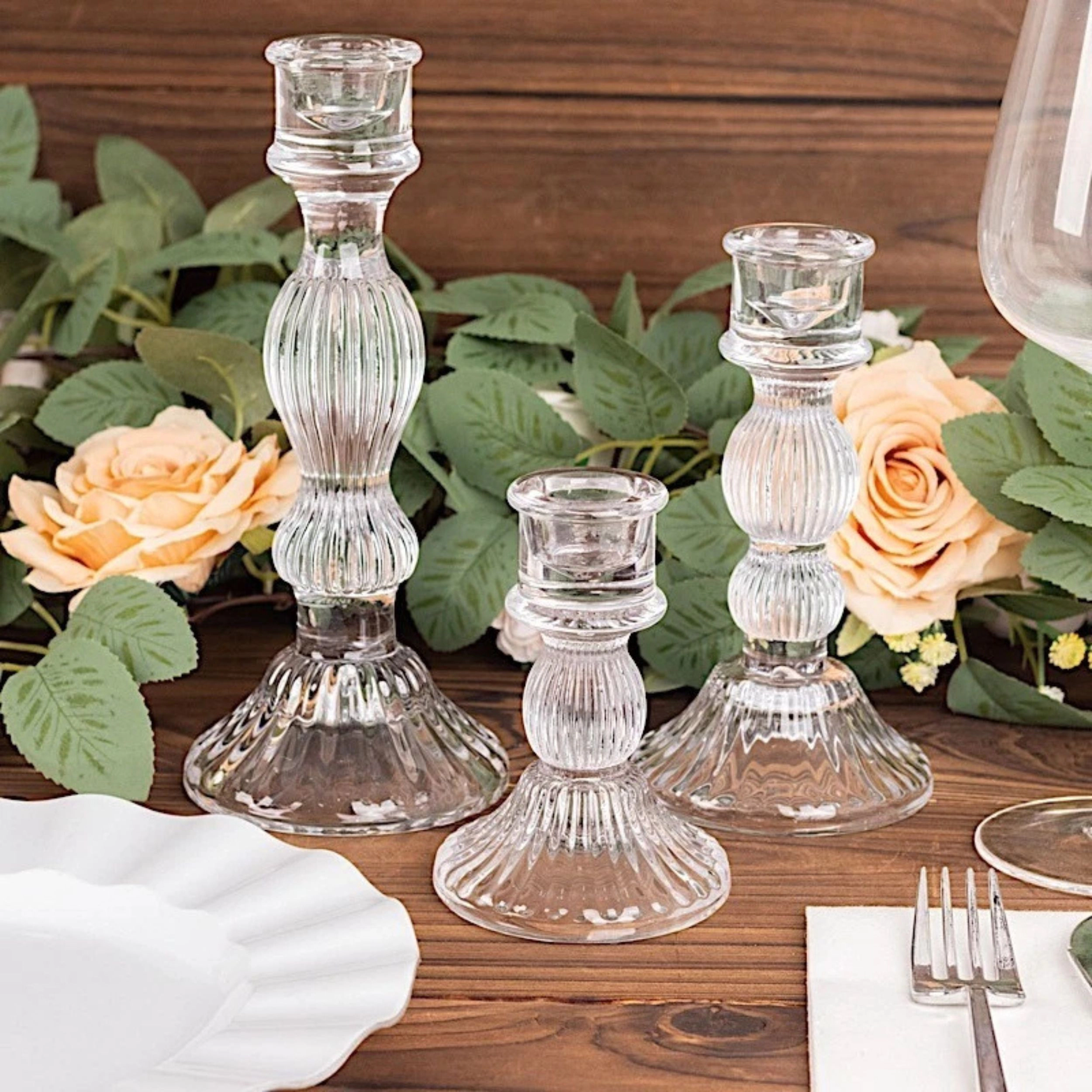 Home Collection Set of 3 Fluted Glass Taper Candle Holders