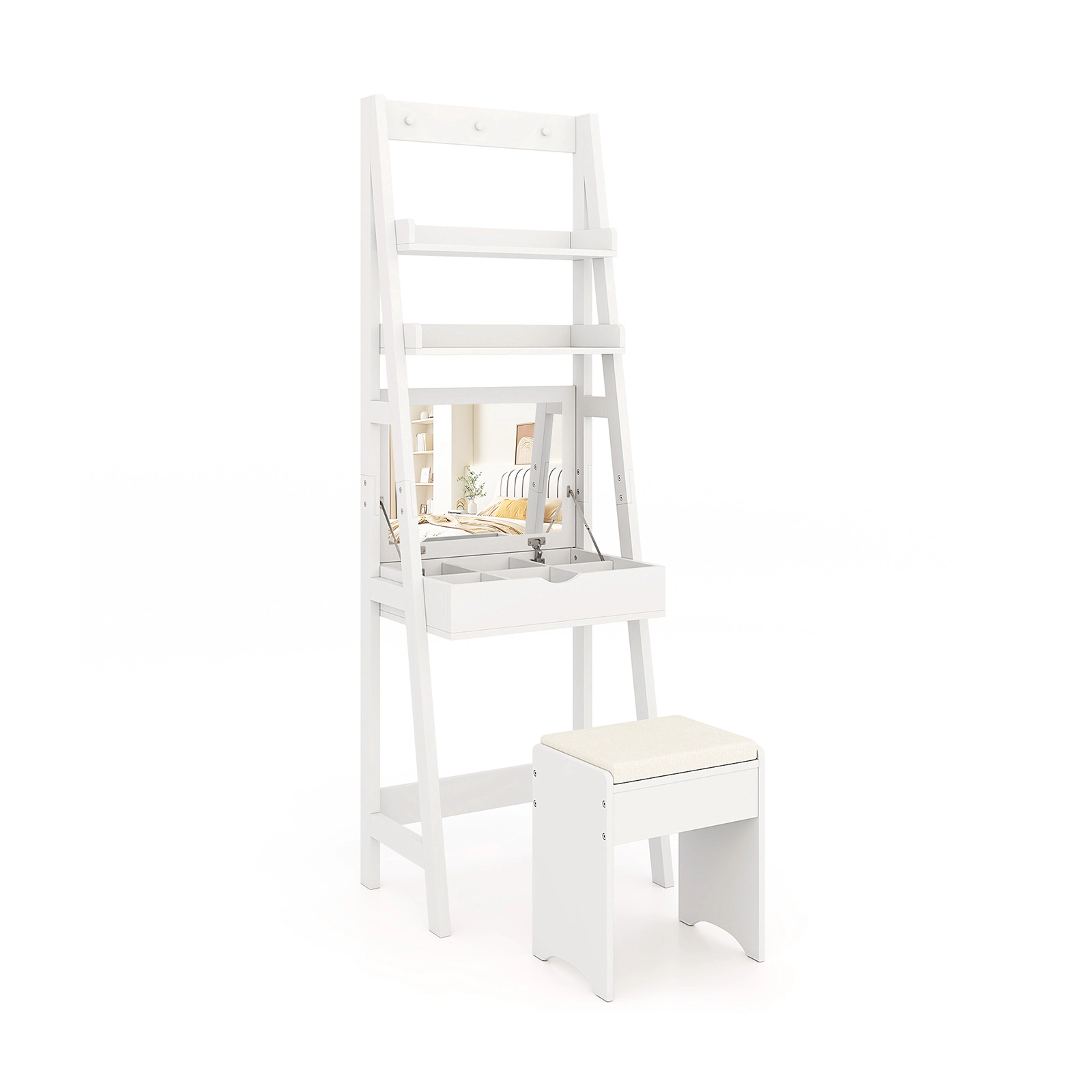 SUGIFT White Flip Top Mirror Hidden Storage Compartments and Cushioned Stool Vanity Desk Set