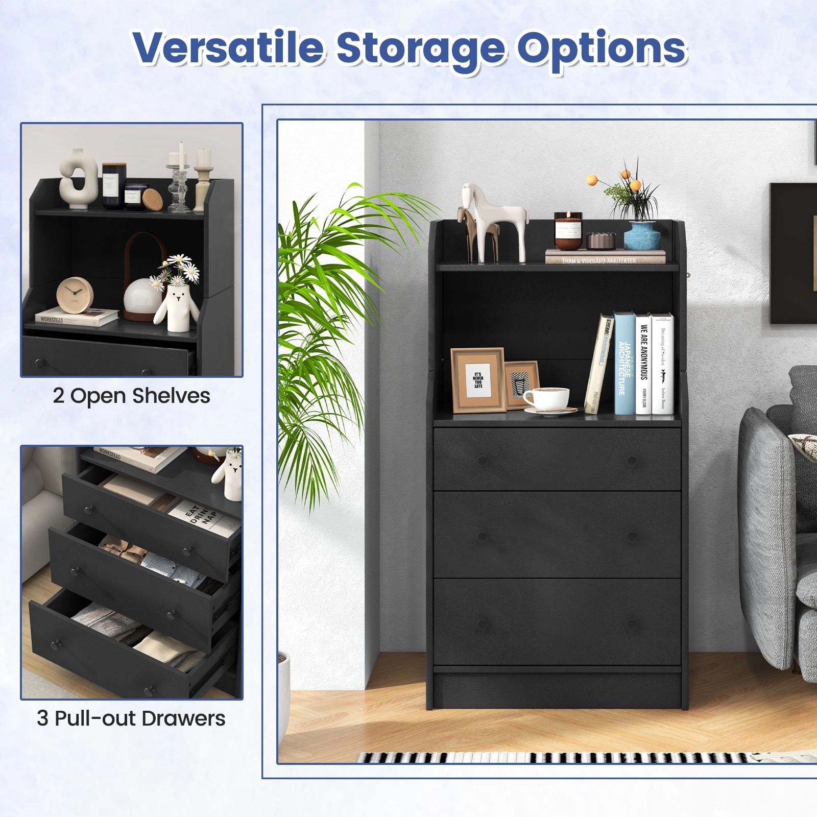 SlickBlue 3 Drawer Storage Dresser with Open Shelves for Bedroom