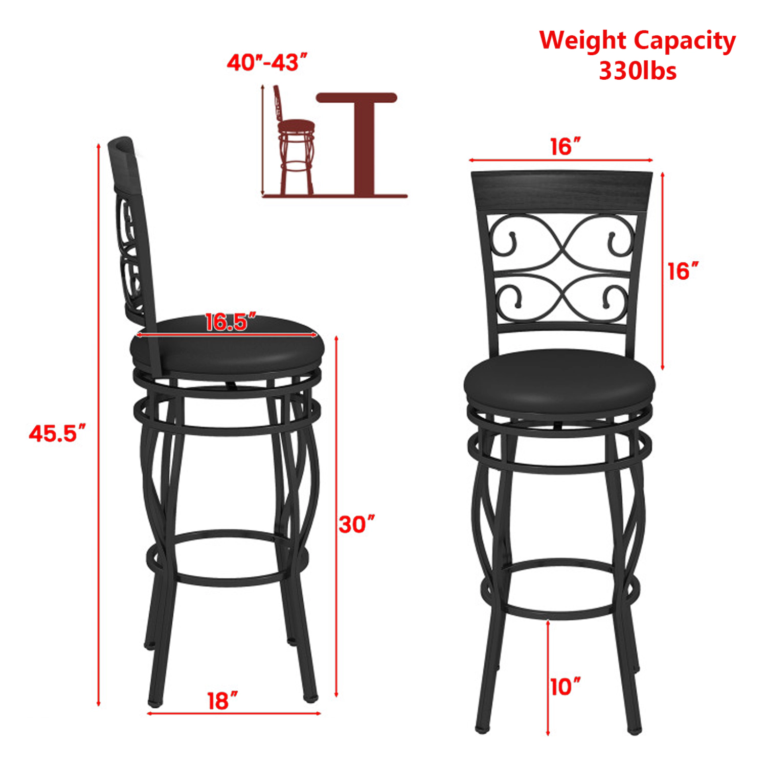Hivvago Set of 2 Bar Chairs with Supportive Backrests and Built-In Footrests