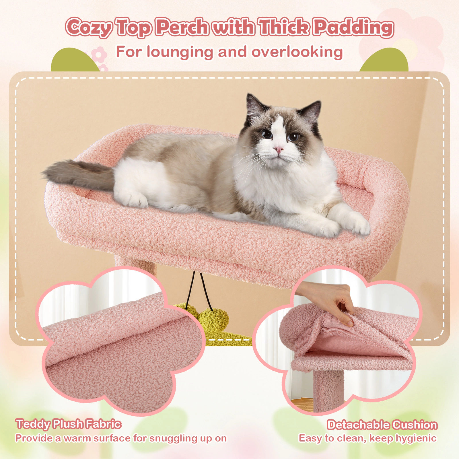 Glintex 58-Inch Floral Cat Tower with Quarter-Circle Platform Hammock and Sisal Board, Pink