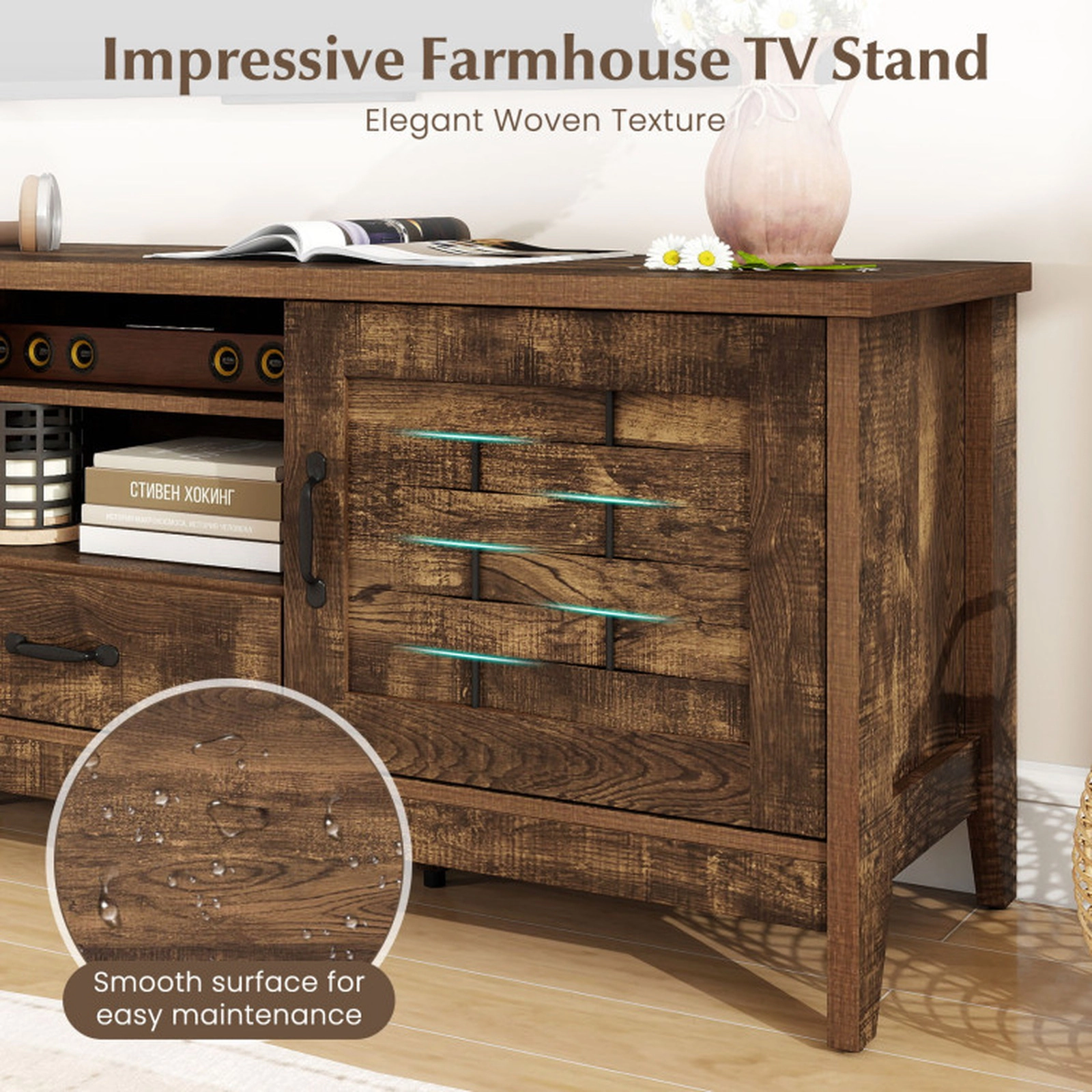 SUGIFT Rustic Brown Farmhouse TV Stand for TVs up to 65 in, Woven Doors, Drawer and Adjustable Shelves