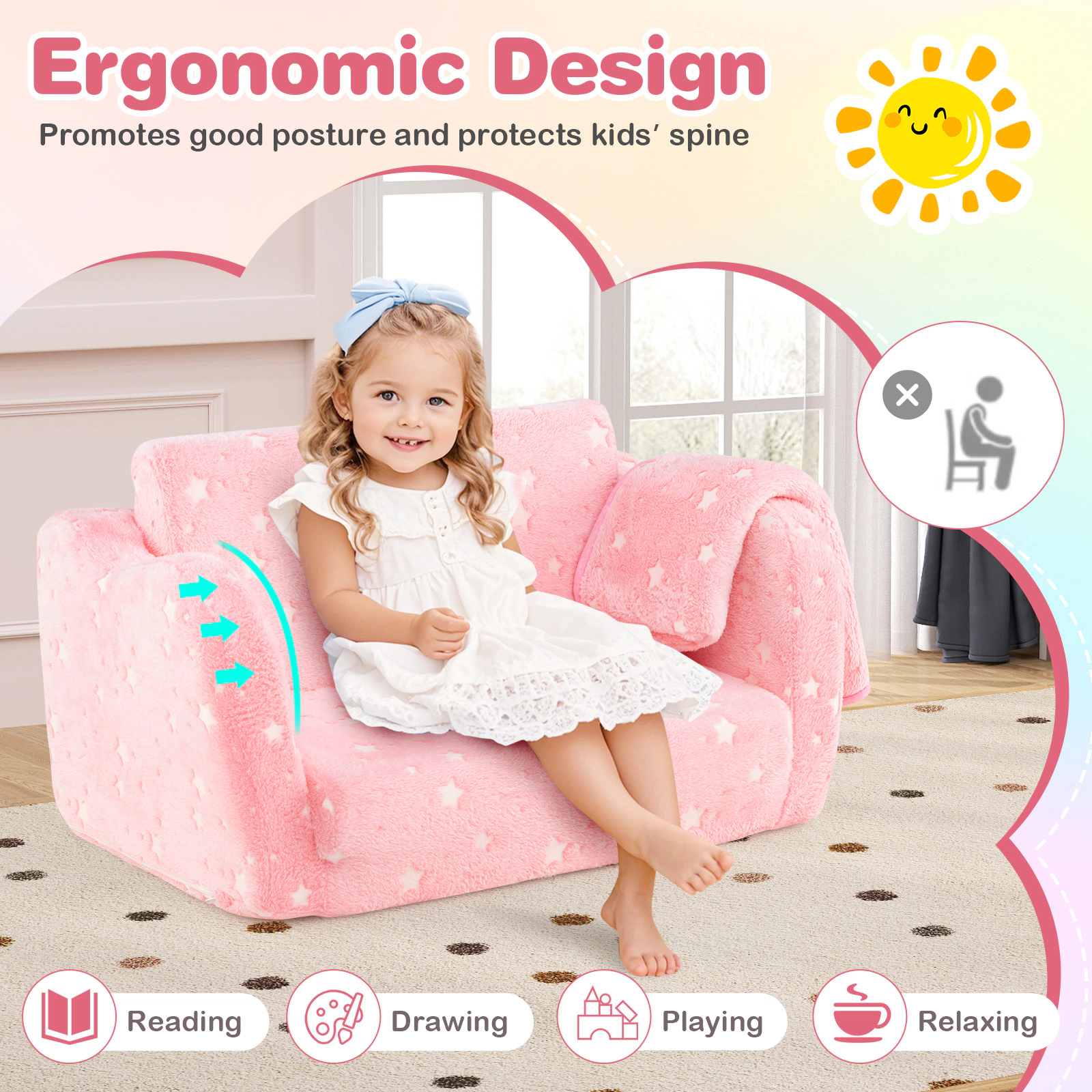 2-in-1 Folding Kids Couch Toddler Fold Out Sofa Bed with Glow in the Dark Print Blanket Included and OEKO-TEX Pink