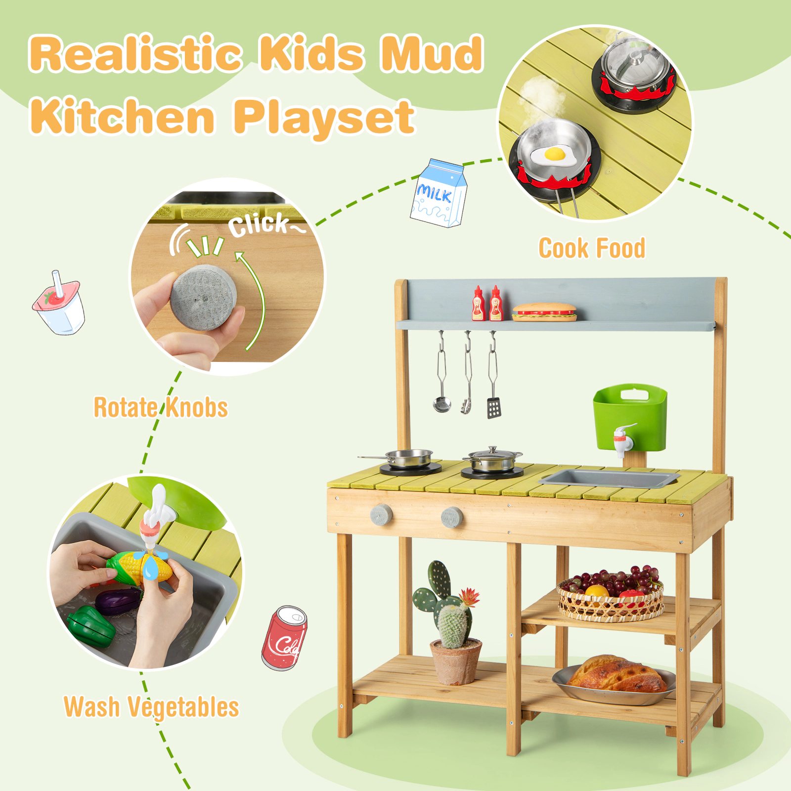 SUGIFT Natural Stove Top and Storage Shelves Backyard Kids Wooden Pretend Play Kitchen