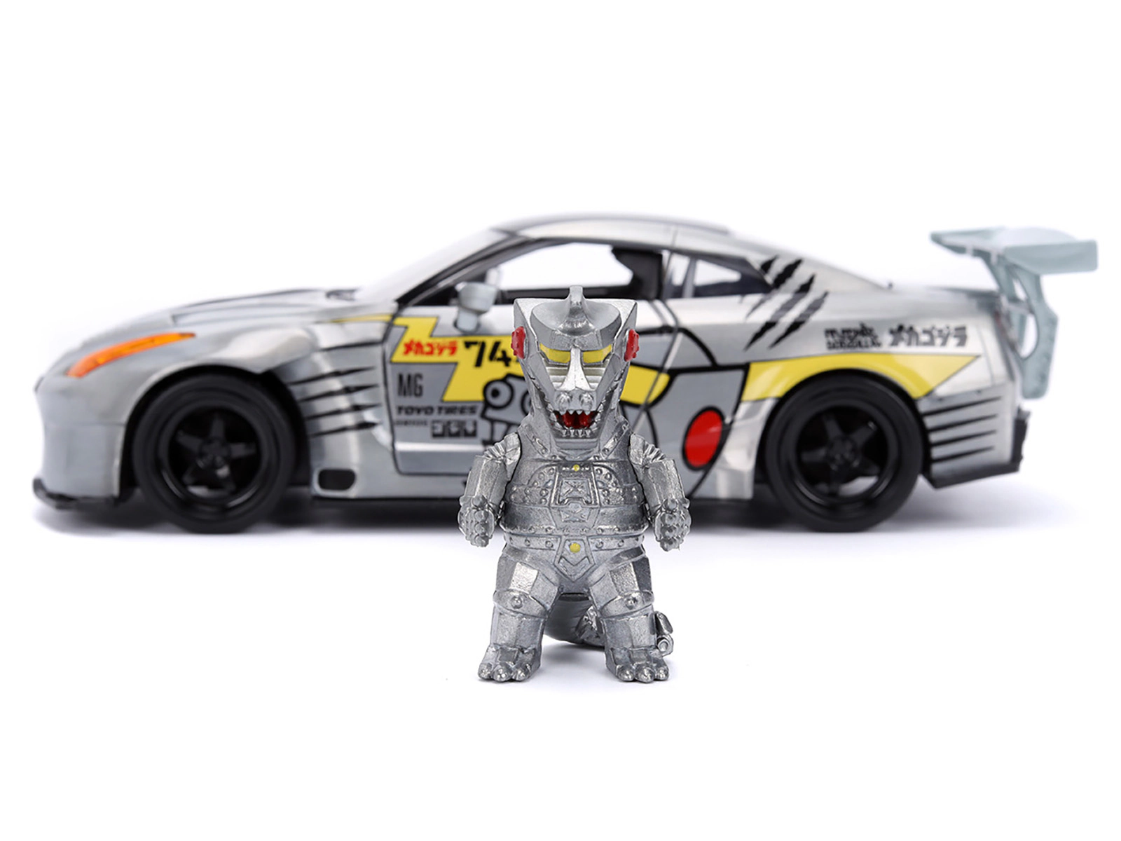 Jada 2009 Nissan GT-R (R35) Ben Sopra Brushed Metal with Black Top and Graphics and Mechagodzilla Diecast