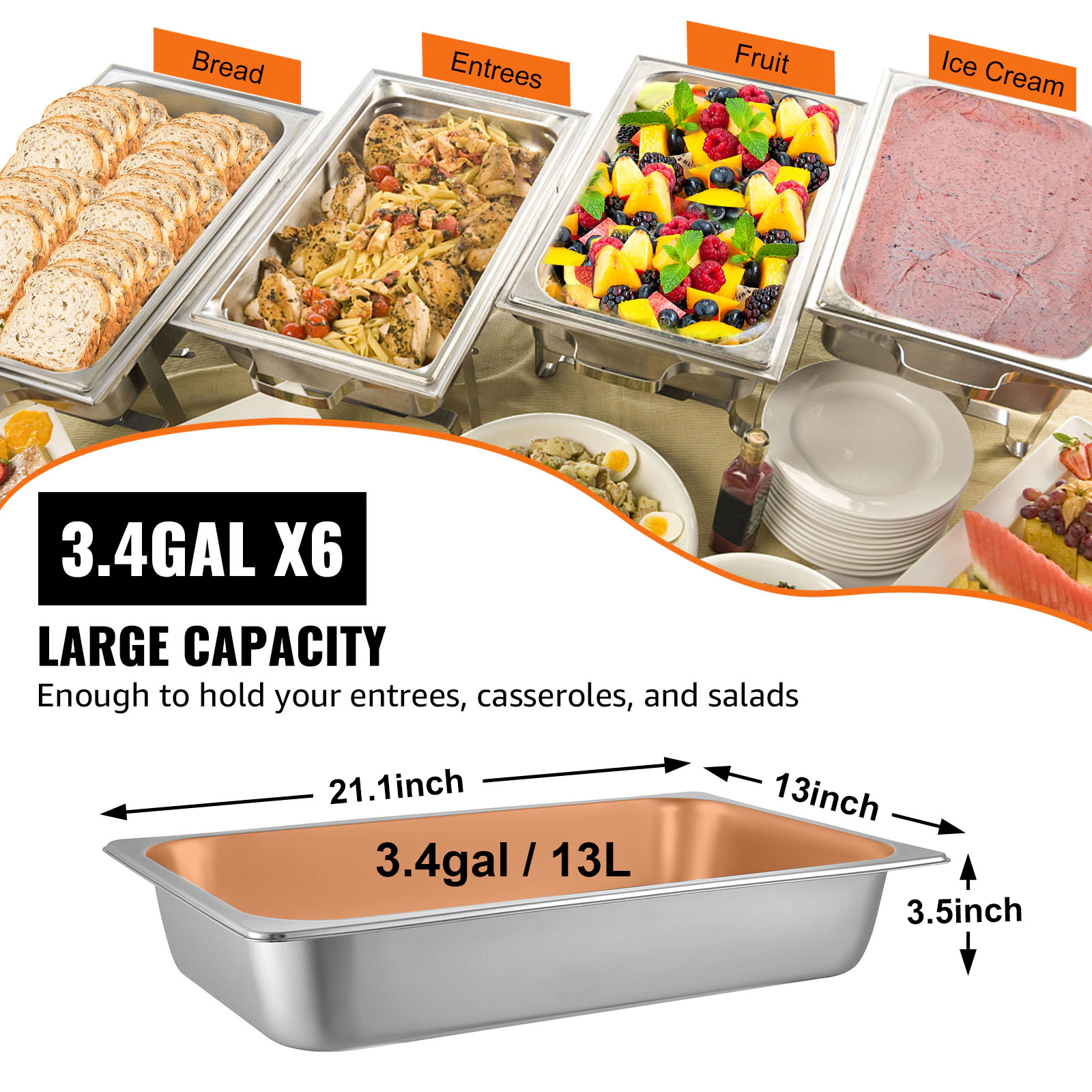HONGGE 6 Pack Steam Table Pans Deep Pan Full Food Container Stainless Steel Oven Tray Hotel