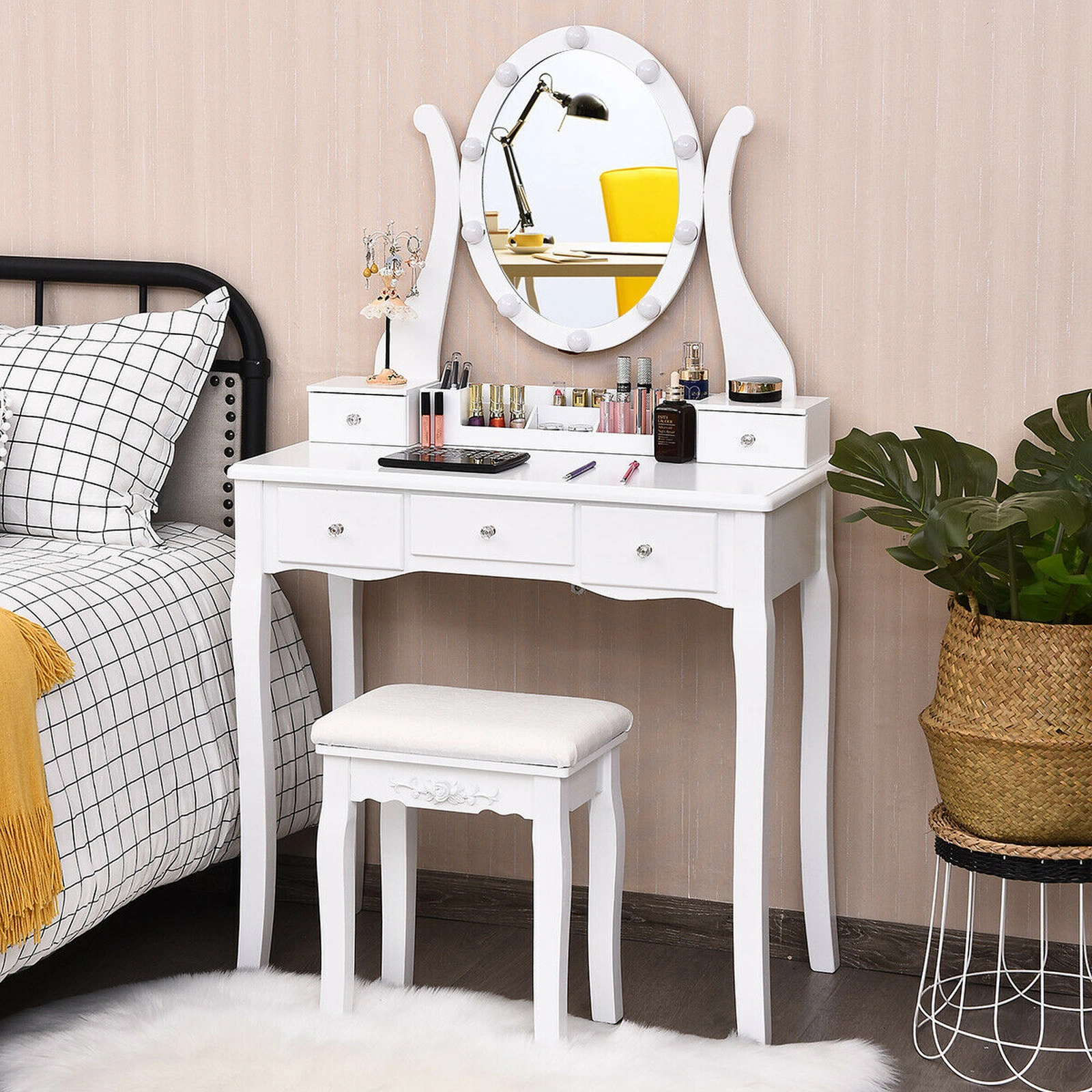 SUGIFT 31.5-in Vanity Table Set, 10 Dimmable Lights, 360-Degree Spinning Mirror, 5 Drawers