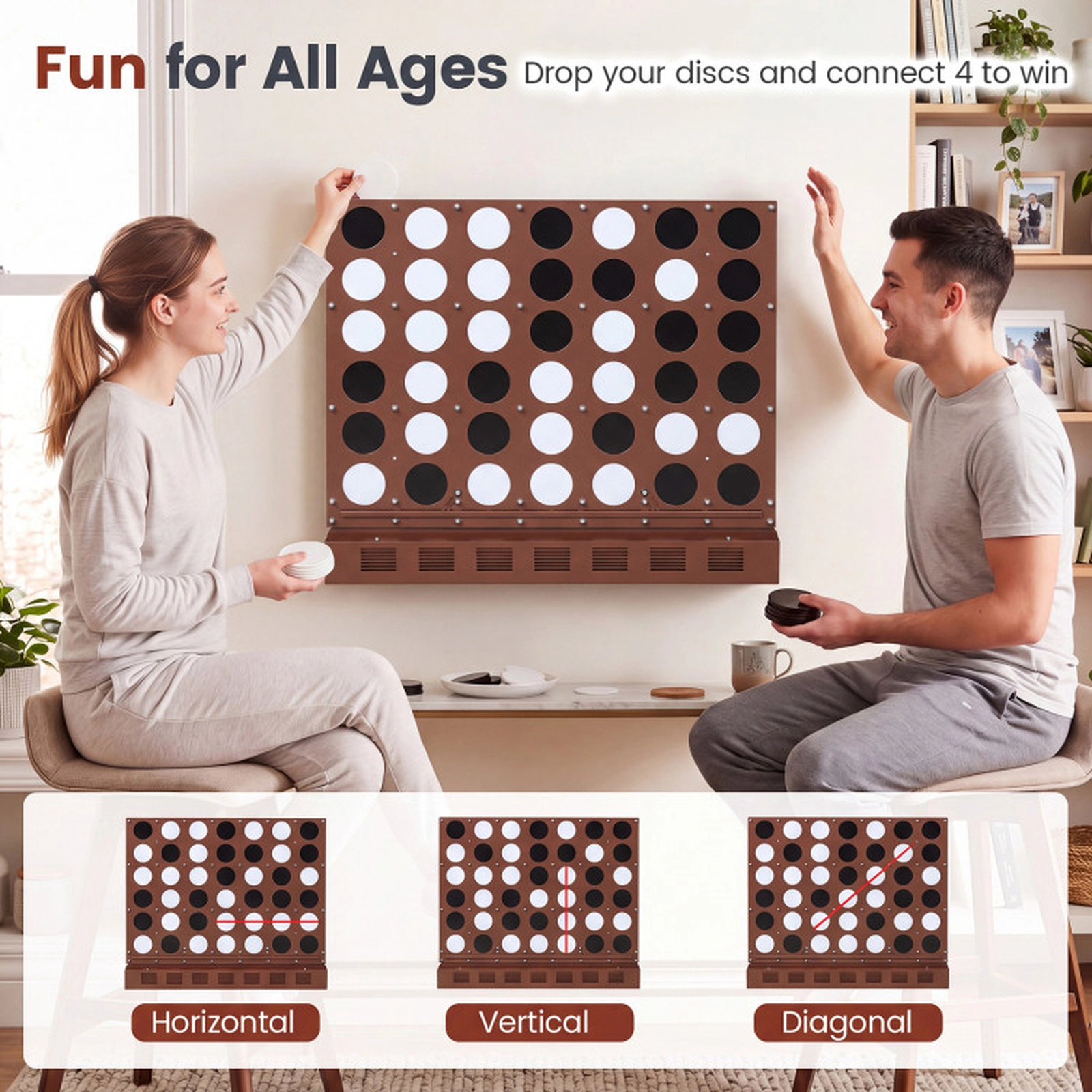 SUGIFT Walnut Jumbo 4-in-a-Row Wall Mounted Game with Acrylic Discs and Metal Frame 40.5-in W 1.5-in D 34.5-in H
