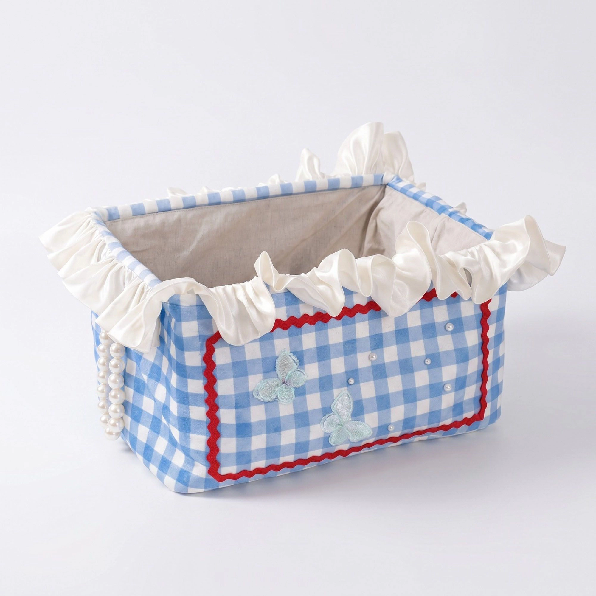 Alilang Unisex Gingham Fabric Storage Basket with Ruffle Trim and Handles