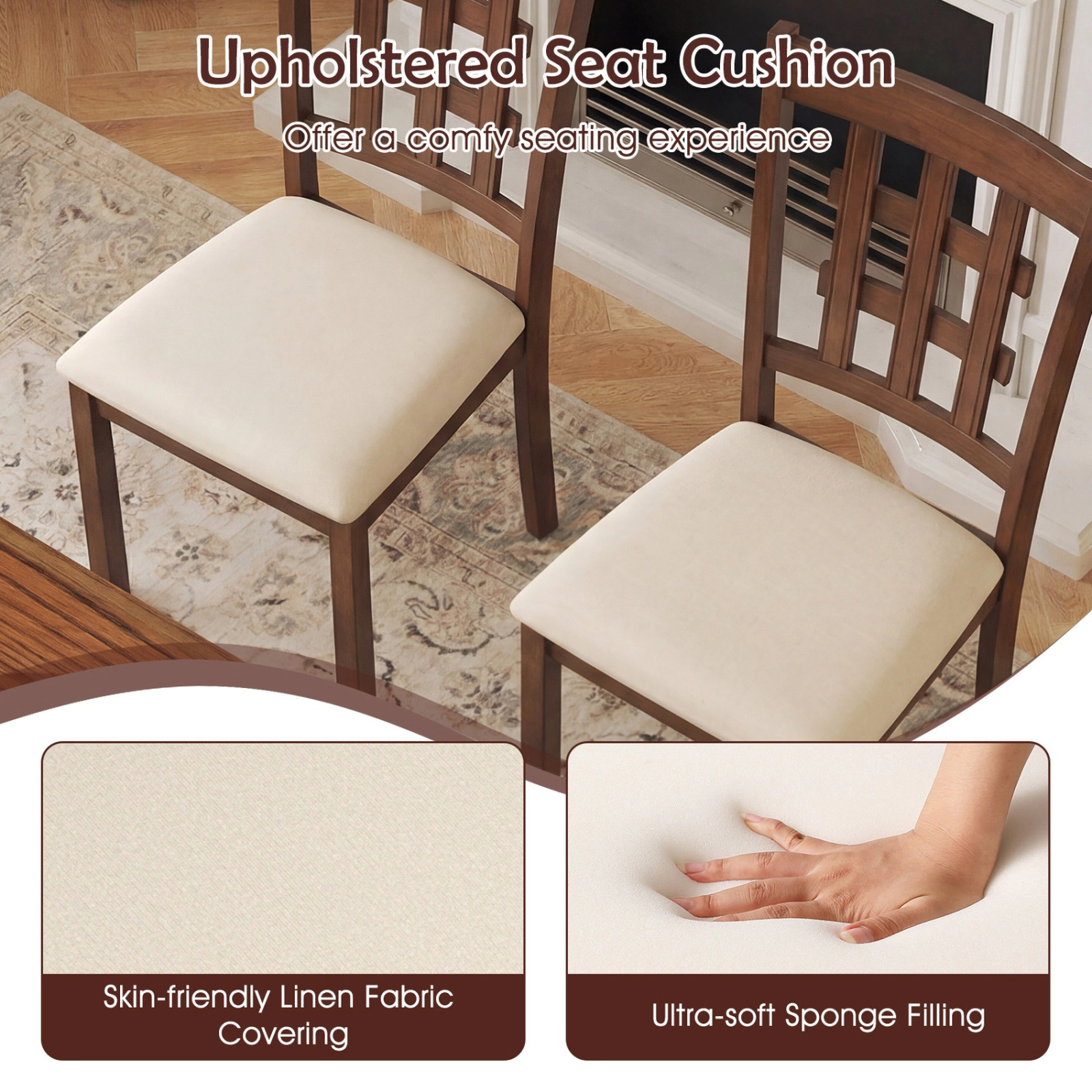 SUGIFT Set of 2 Wood Kitchen Chairs with Faux Leather Upholstered Seat 330-lb Capacity Walnut + Beige