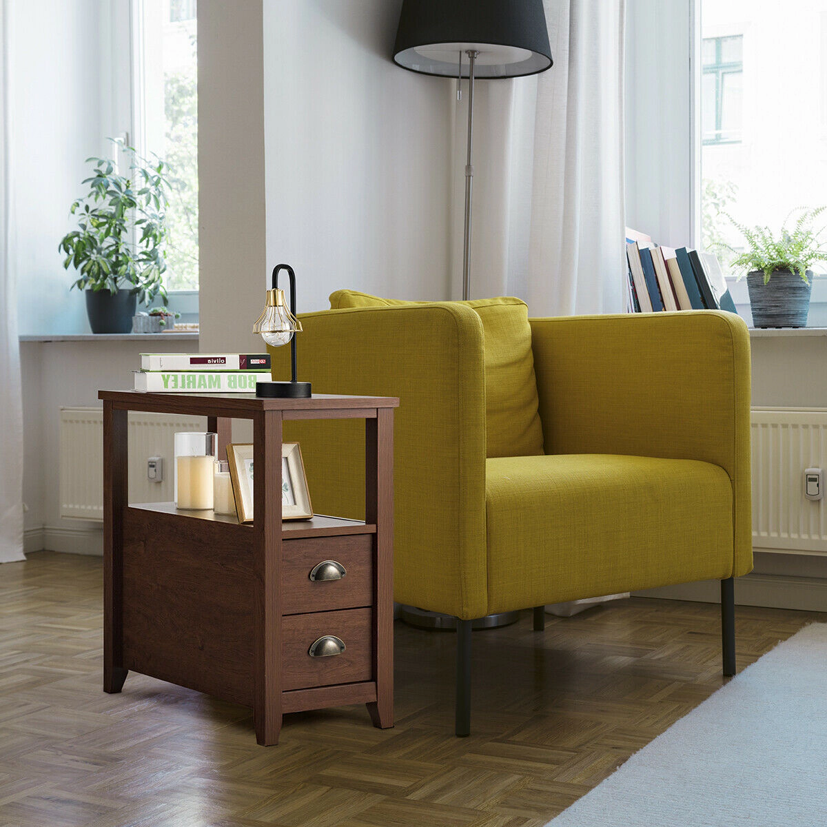 Hivvago Set of 2 End Table Wooden with Drawer & Shelf Bedside