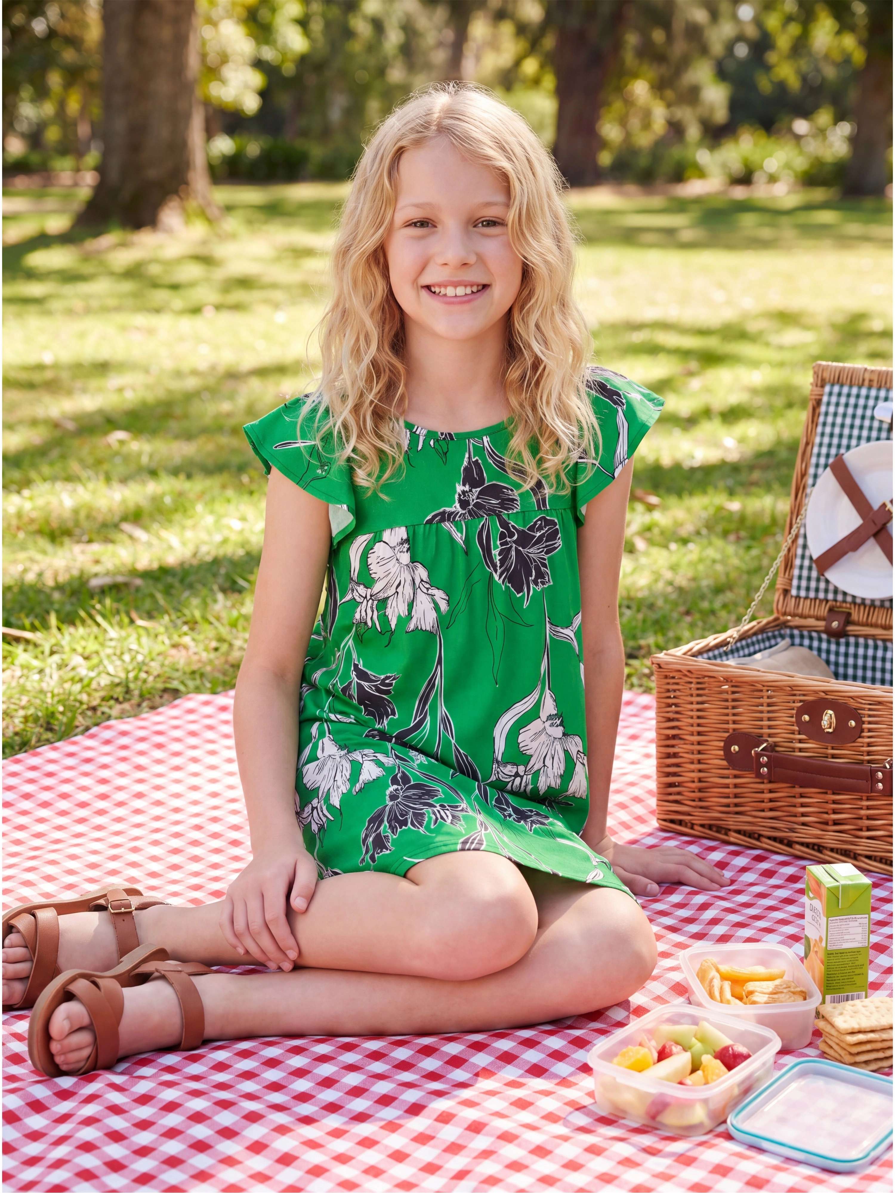 24sevenKid Essential Girls Green Floral Print Cap Sleeve Babydoll Dress