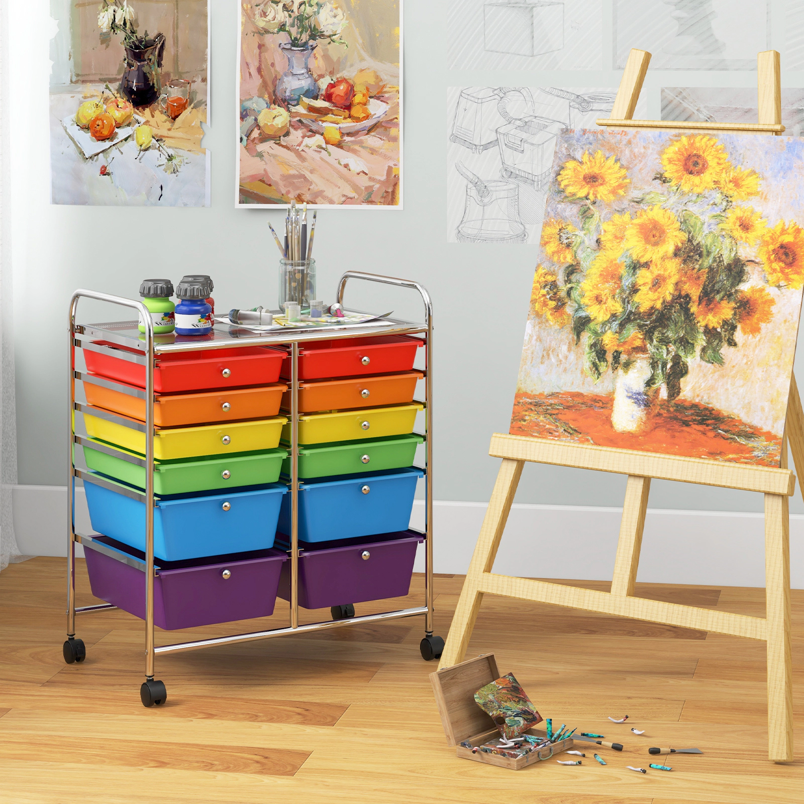 SUGIFT 12-Drawer Craft and Cosmetics Organizer Rolling Cart with Scrapbook Paper Bins and Swivel Casters