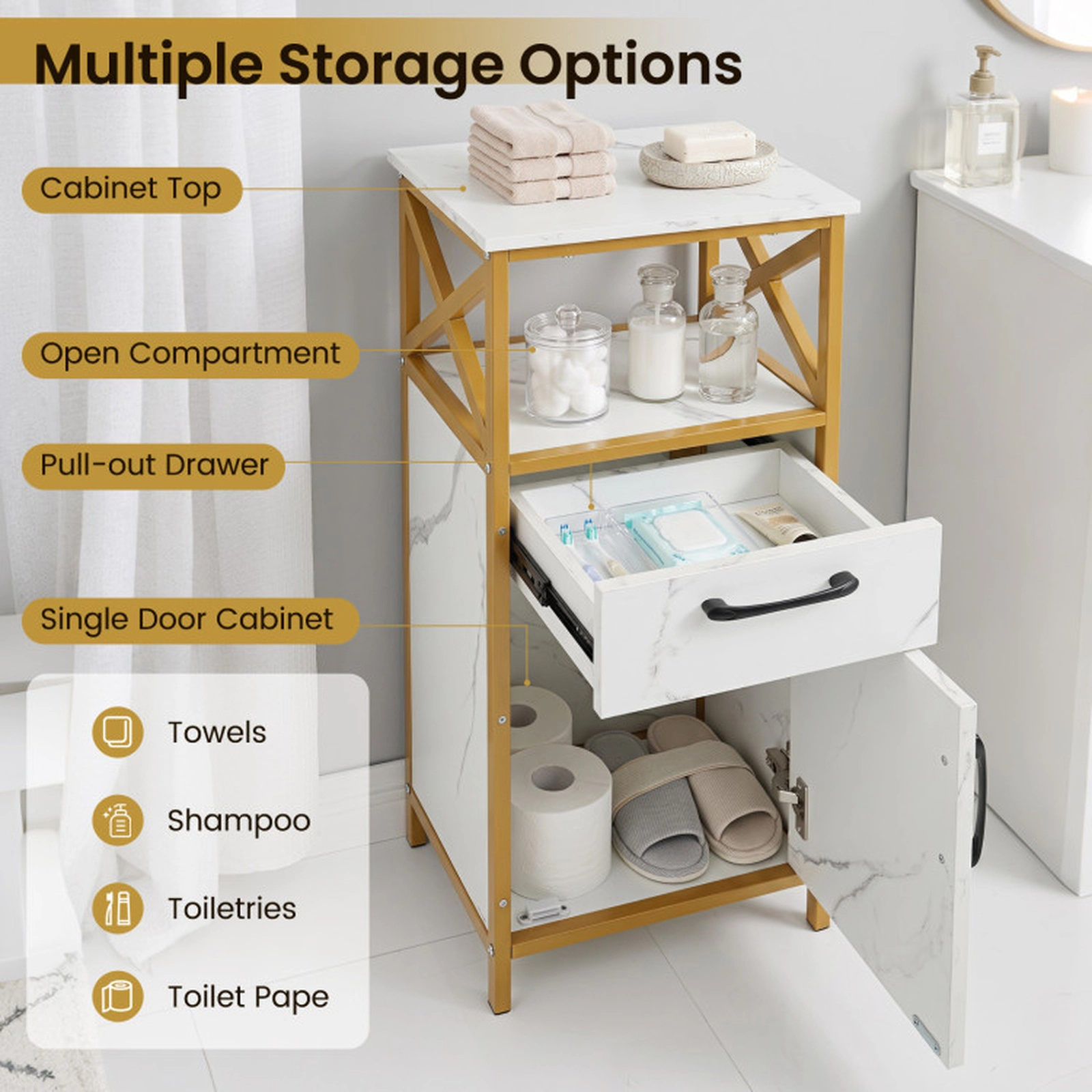 SUGIFT White and Golden Faux Marble 44-lb Top Bathroom Storage Cabinet with Drawer Single Door and Open Shelf