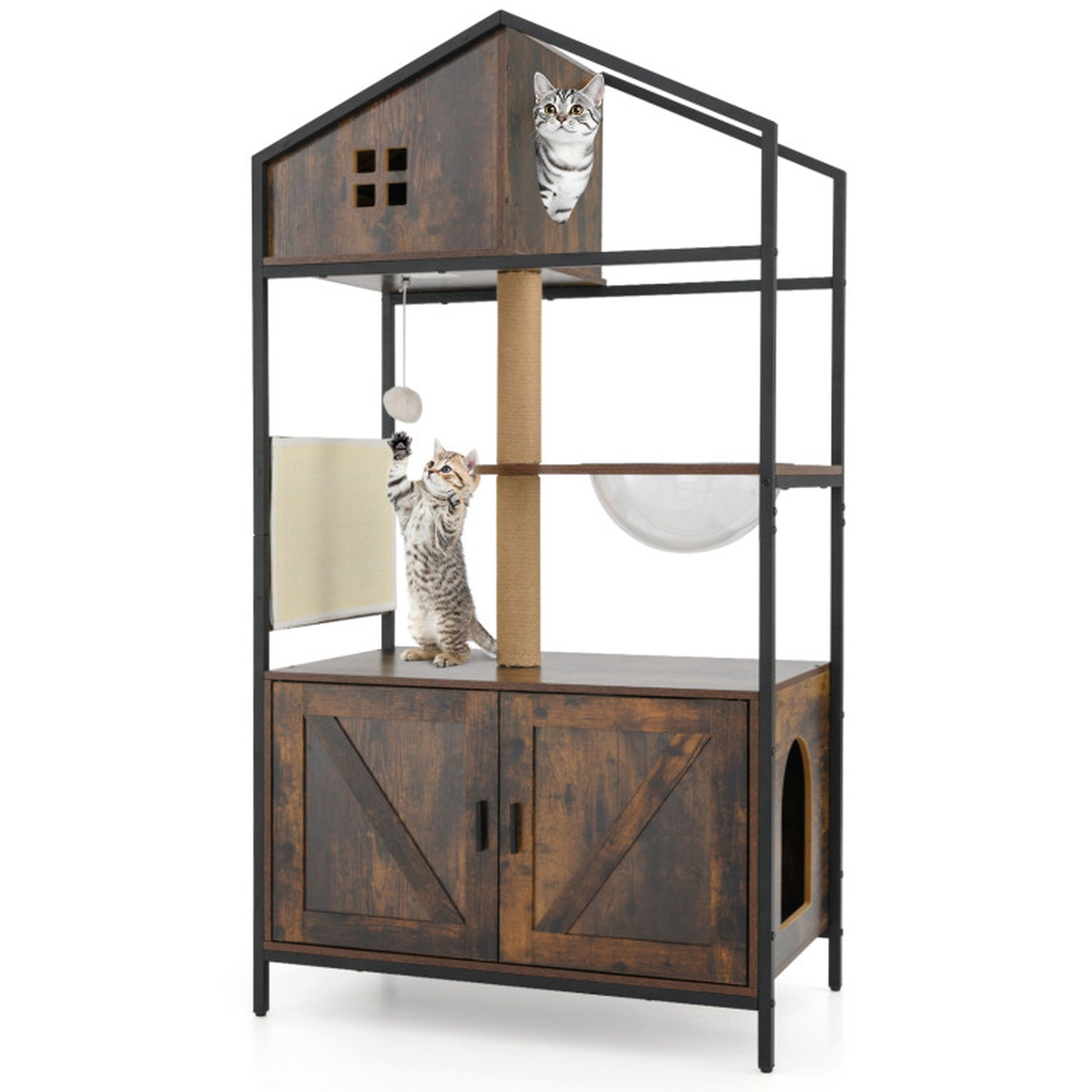 SUGIFT Rustic Brown Cat Tree with Litter Box Enclosure and Industrial Metal Frame