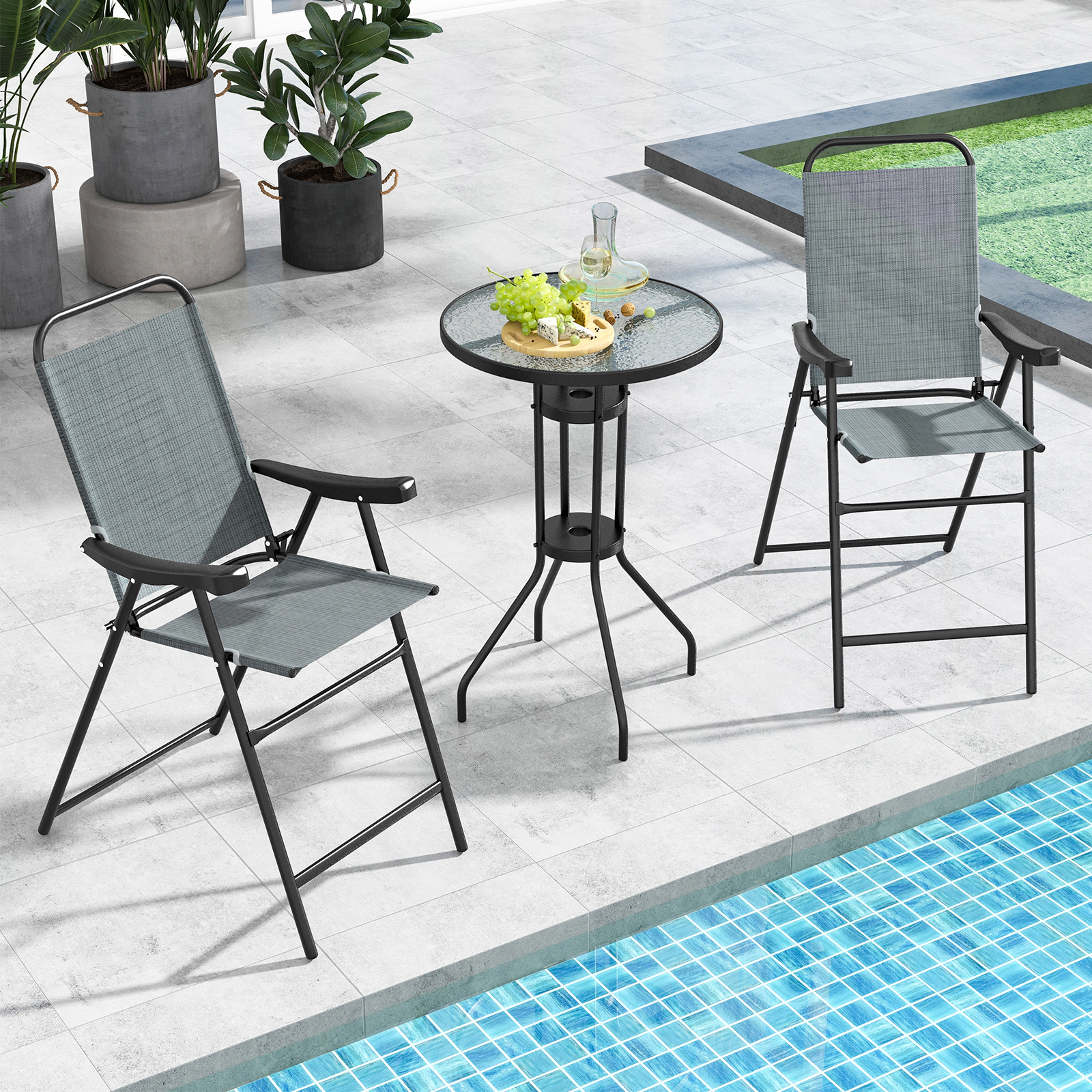 SUGIFT Folding Patio Bar Stool Set of 2 with Metal Frame Footrest and Armrests 330-Lb Capacity Blue