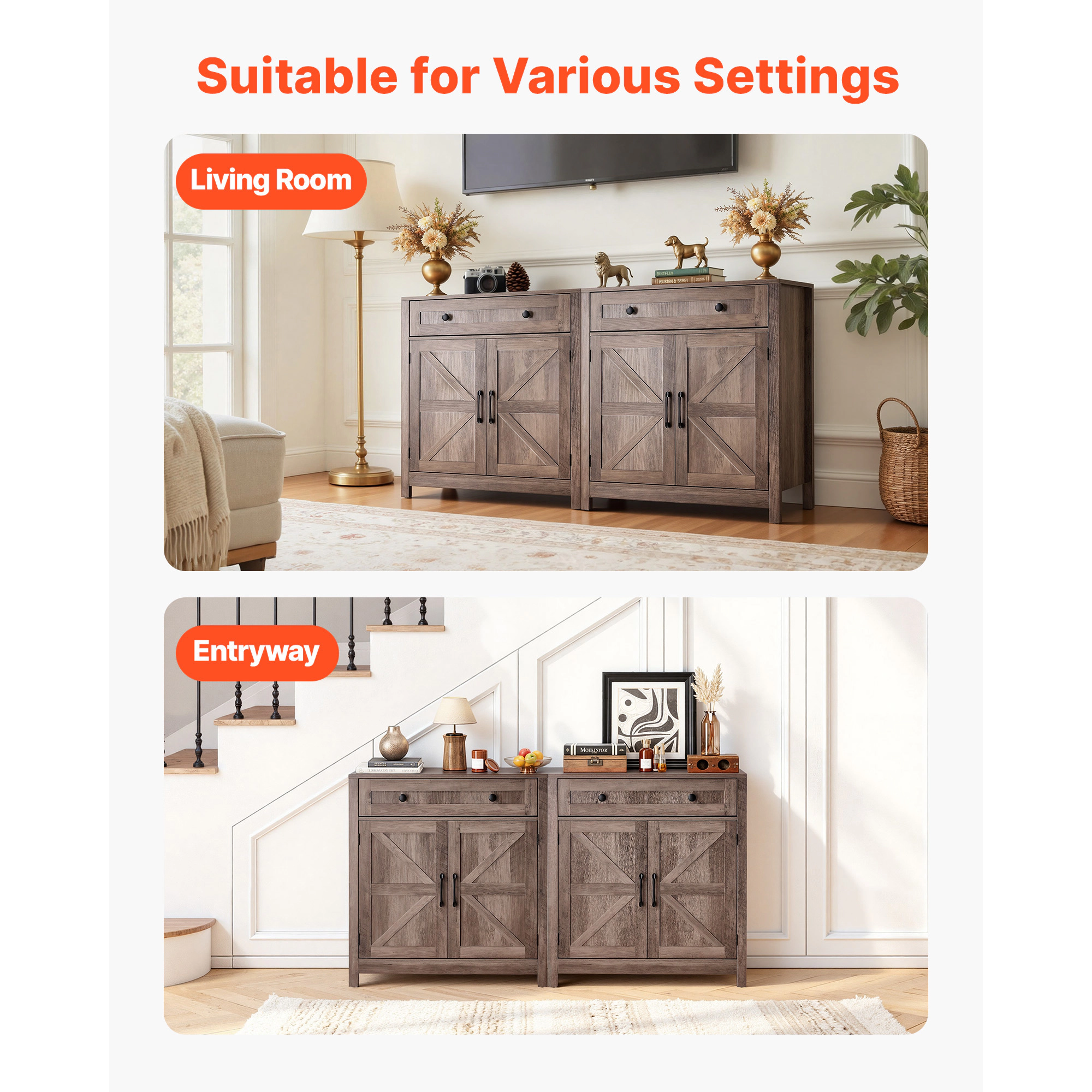 HONGGE Coffee Bar Cabinet Farmhouse Coffee Bar Cabinet with Coffee Bar Table with Barn Doors Farmhouse Sideboard Buffet