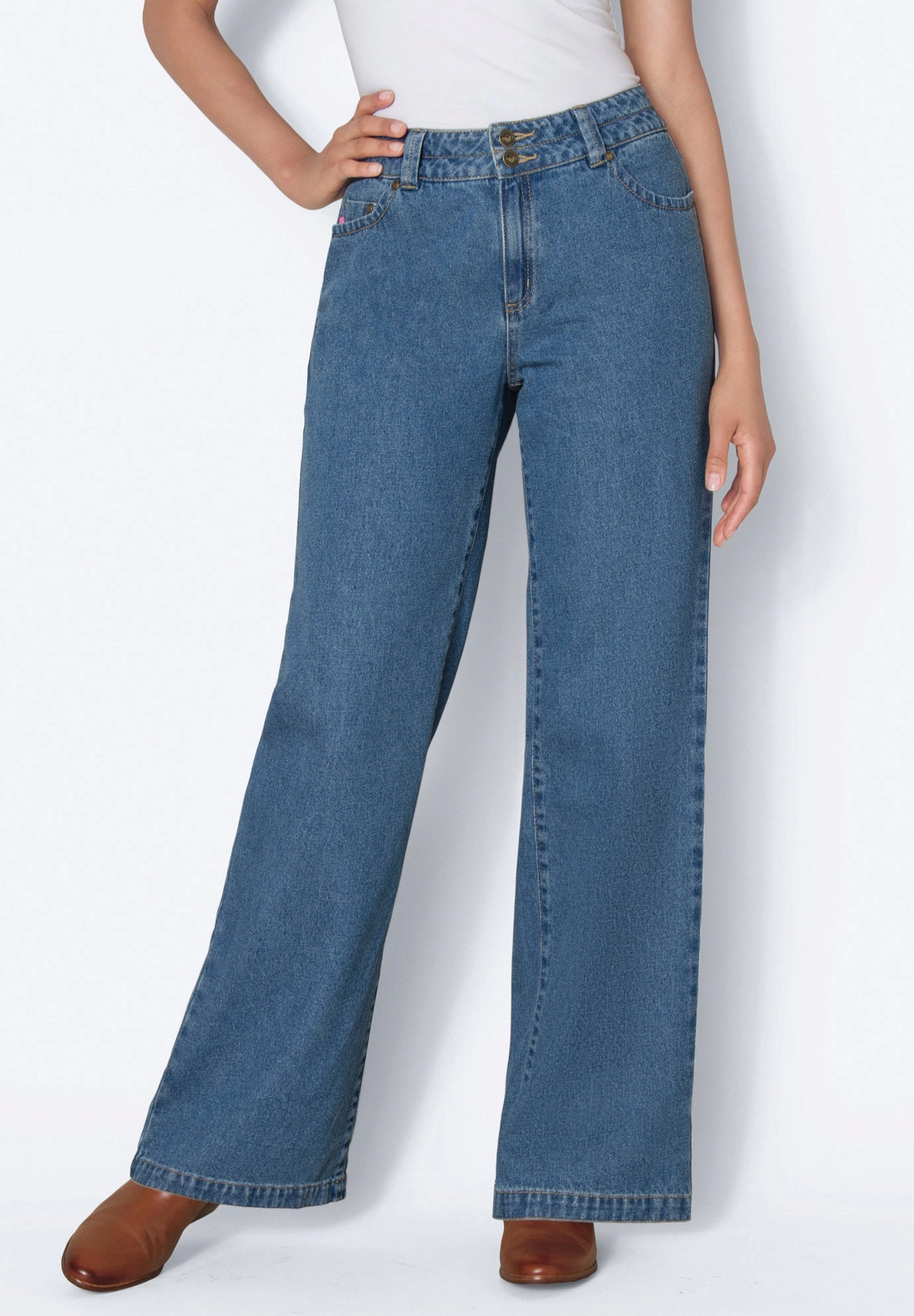 Woman Within Plus Perfect Wide-Leg All-Cotton Denim Five-Pocket Jeans