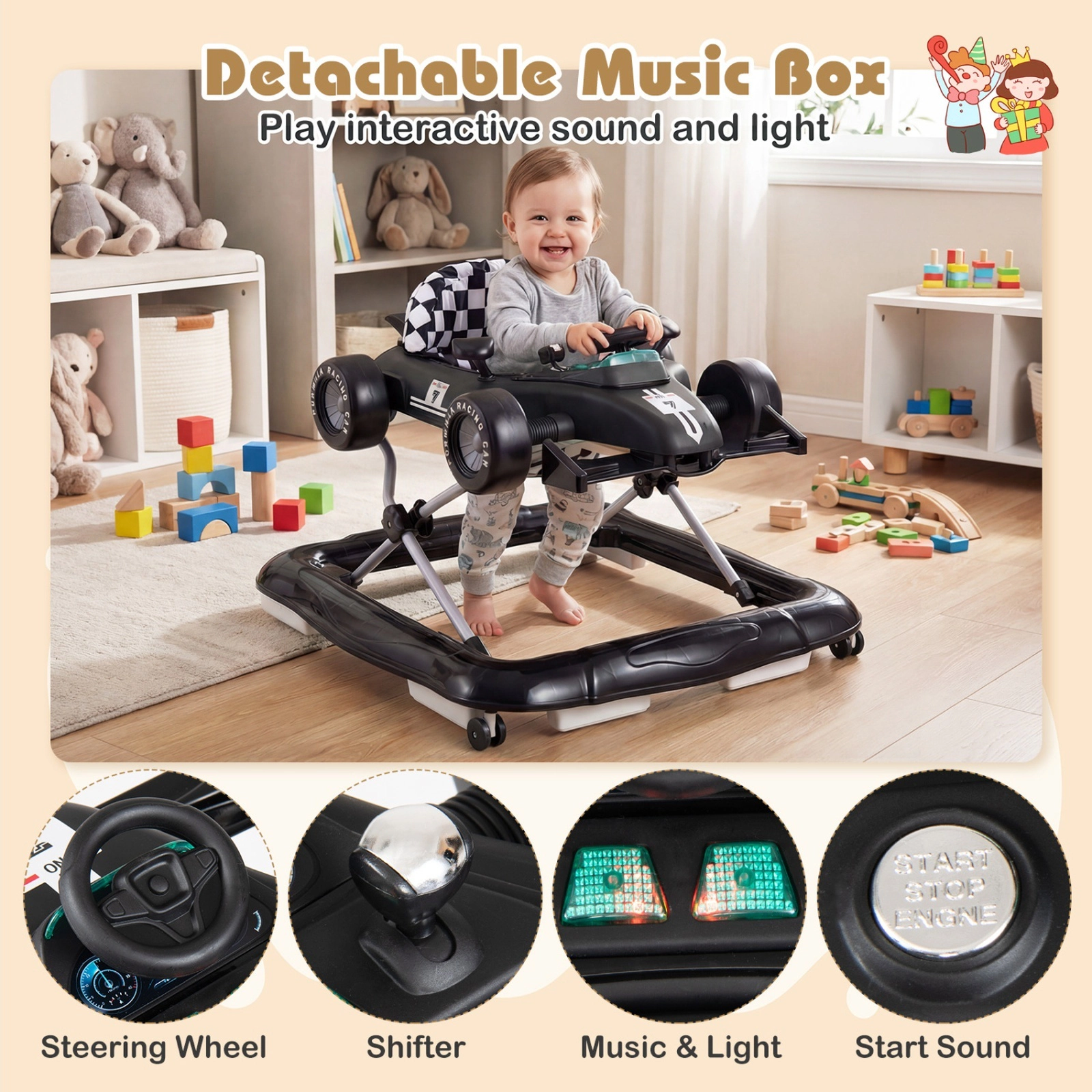 4-in-1 Convertible Baby Push Walker and Activity Center with 3 Height Settings Music Box Steering Wheel Black