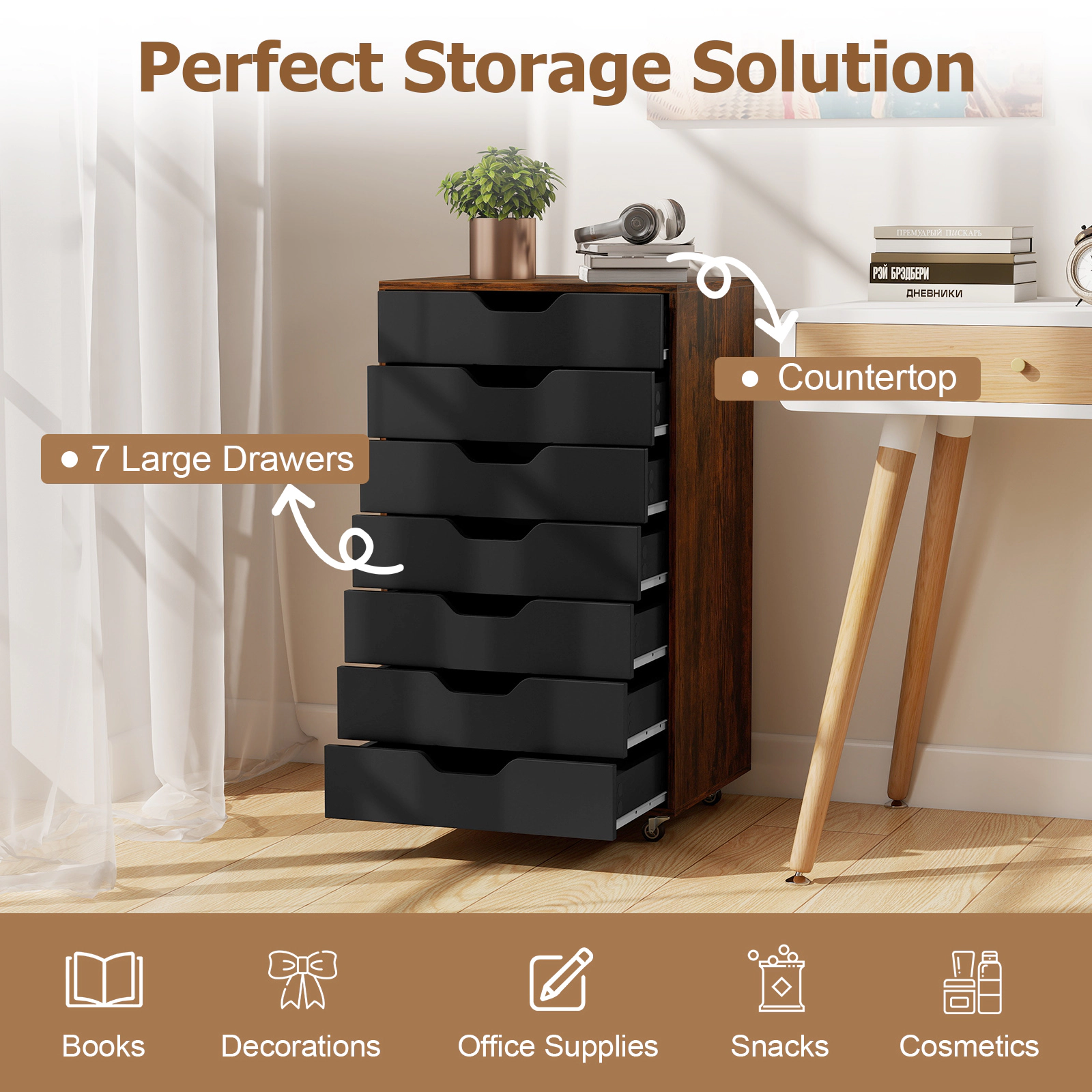SUGIFT 34-in 7-Drawer Rolling Wood Dresser Chest with Anti-Tipping Kits and Lockable Wheels for Bedroom