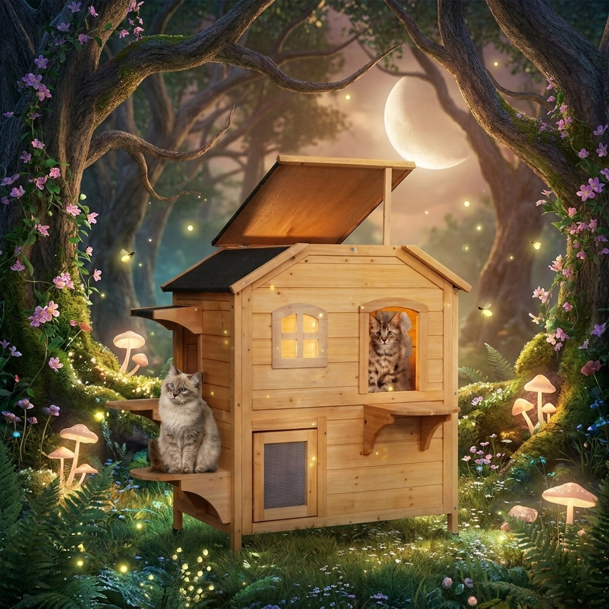 212 Main PawHut 2-Story Outdoor Weatherproof Wooden Cat House Enclosure for Feral Cats