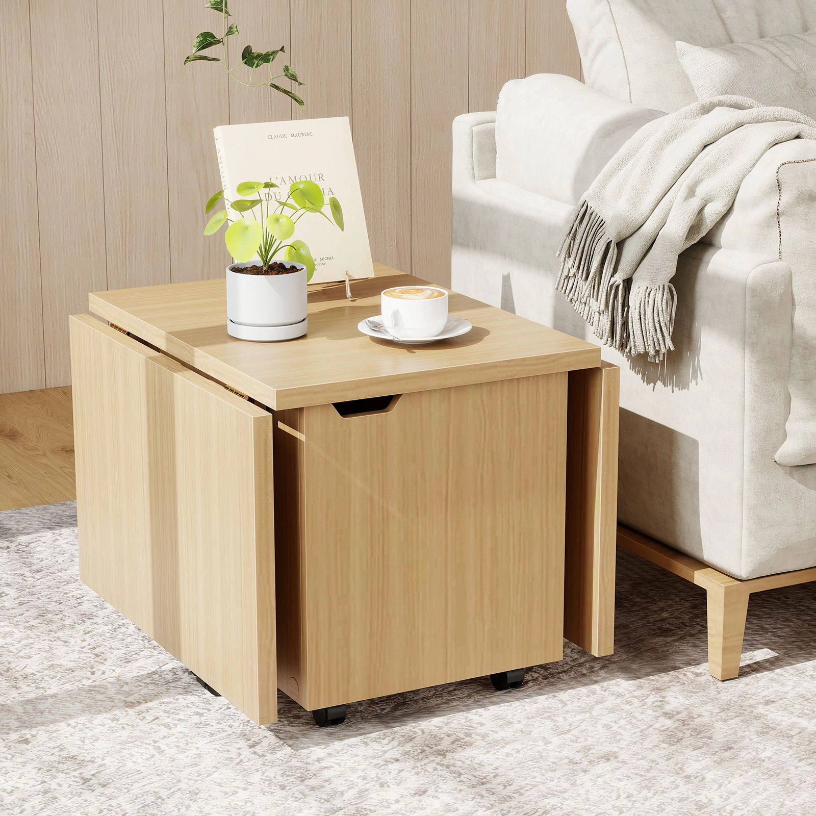SlickBlue Foldable Coffee Table with Storage Cabinet and Wheels