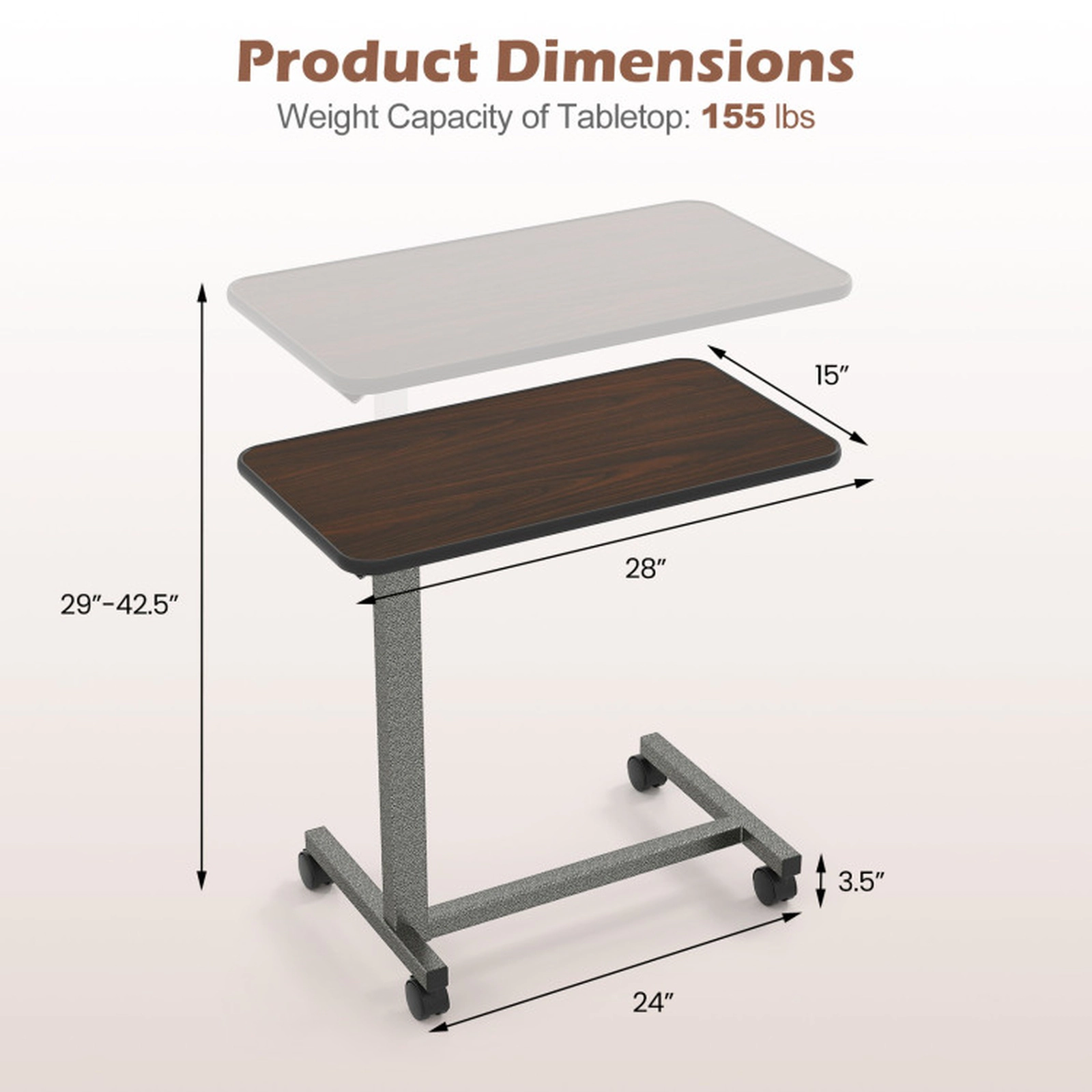 SUGIFT Locking Wheels H-Shaped Base Overbed Laptop Desk 28-in x 15-in 29-in to 42.5-in Height 155-lb Capacity Walnut