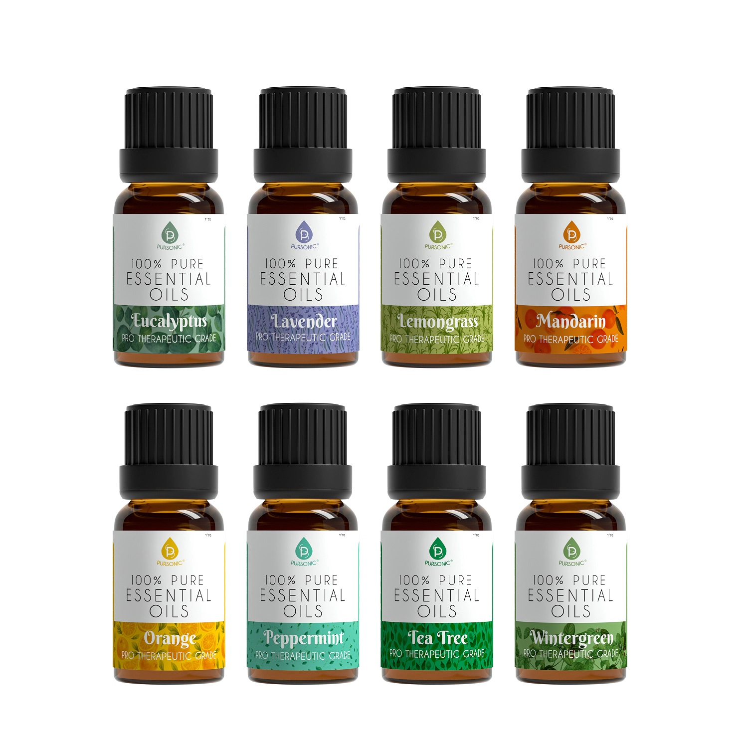 Pursonic Unisex 100% Pure Aromatherapy Essential Oil Collection – 8-Pack Natural Therapeutic Grade Oils Set