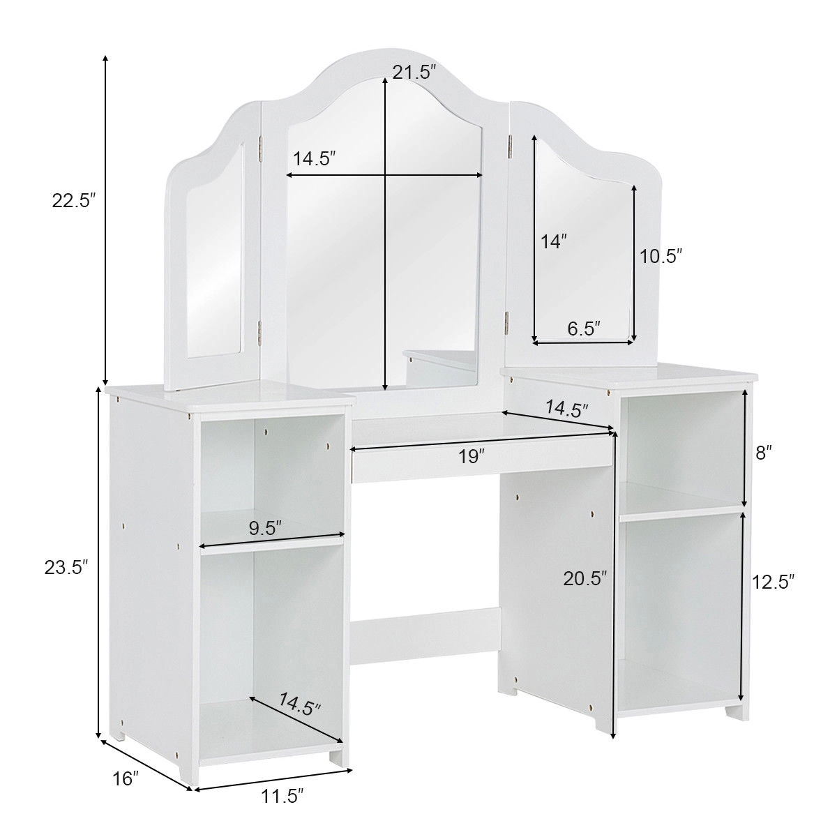 SUGIFT White Tri-Folding Mirror 4 Storage Compartments and Stool Kids Vanity Table Set
