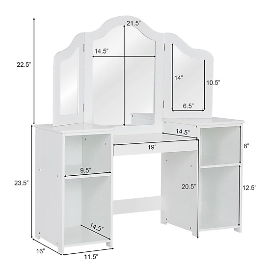 SUGIFT White Tri-Folding Mirror 4 Storage Compartments and Stool Kids ...