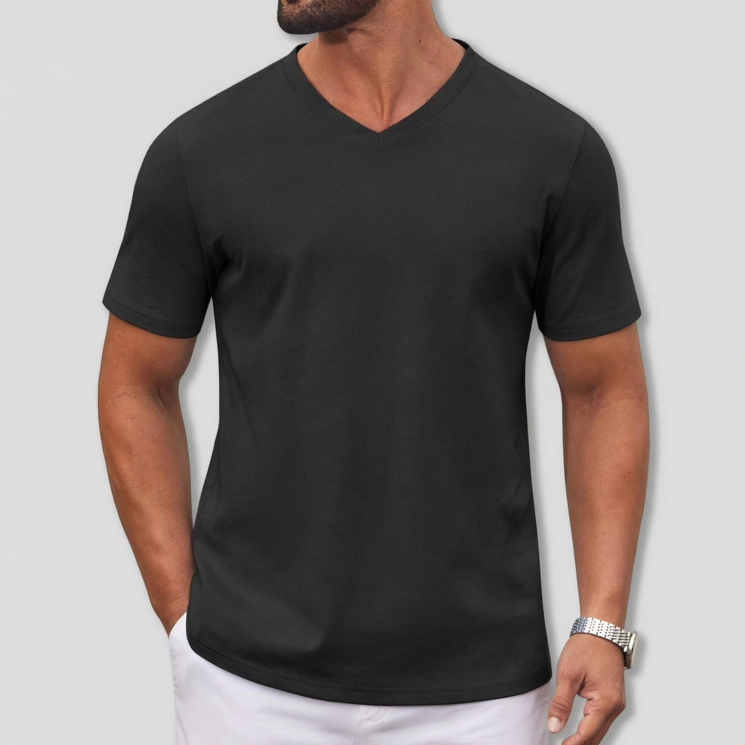 COOFANDY Mens Casual Short Sleeve V Neck T-Shirt  Solid Color Curved Hem Tee